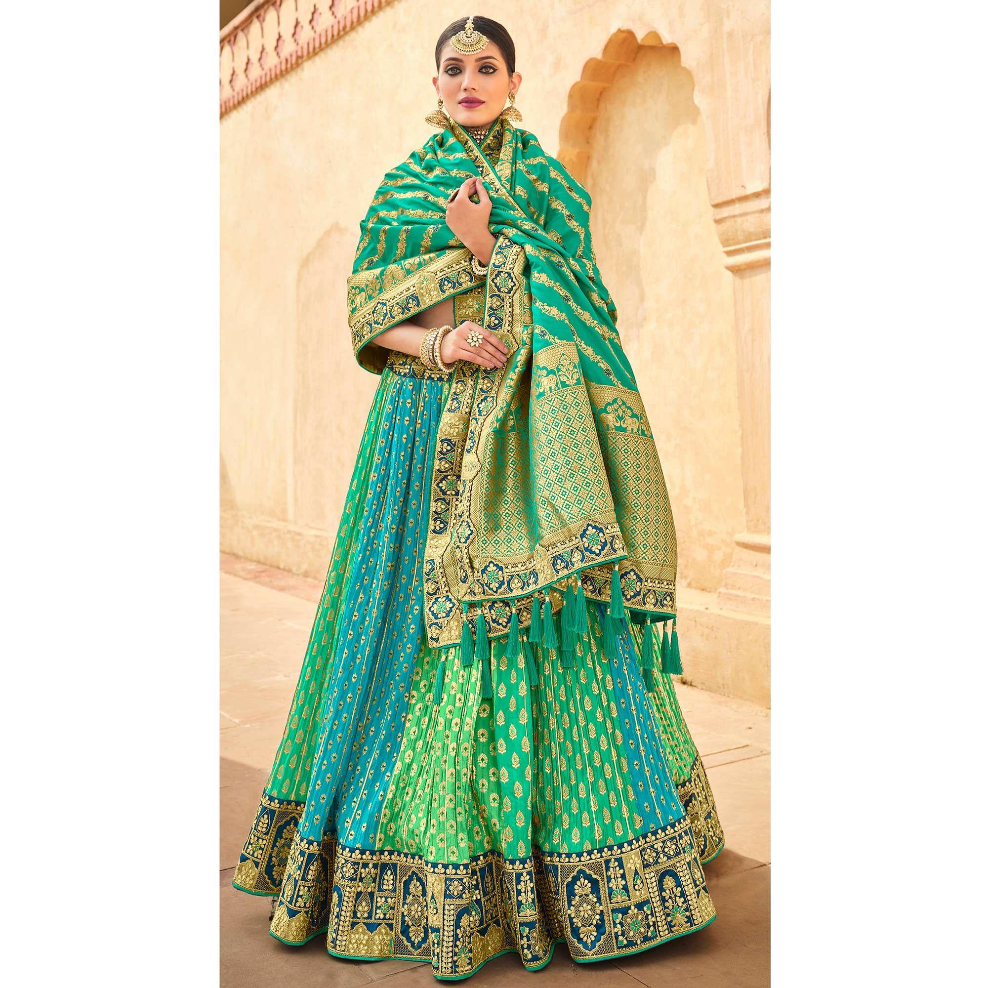 Multicolor Wedding Wear Woven-Embellished Banarasi Silk Lehenga Choli - Peachmode
