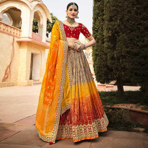 Multicolor Wedding Wear Woven-Embellished Banarasi Silk Lehenga Choli - Peachmode
