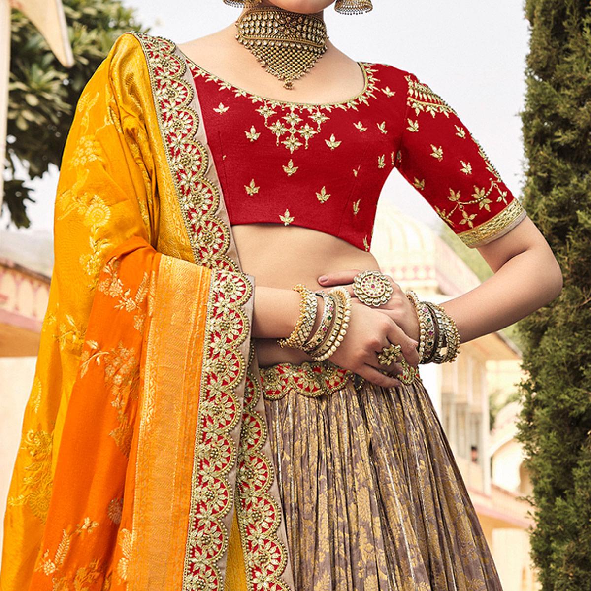 Multicolor Wedding Wear Woven-Embellished Banarasi Silk Lehenga Choli - Peachmode