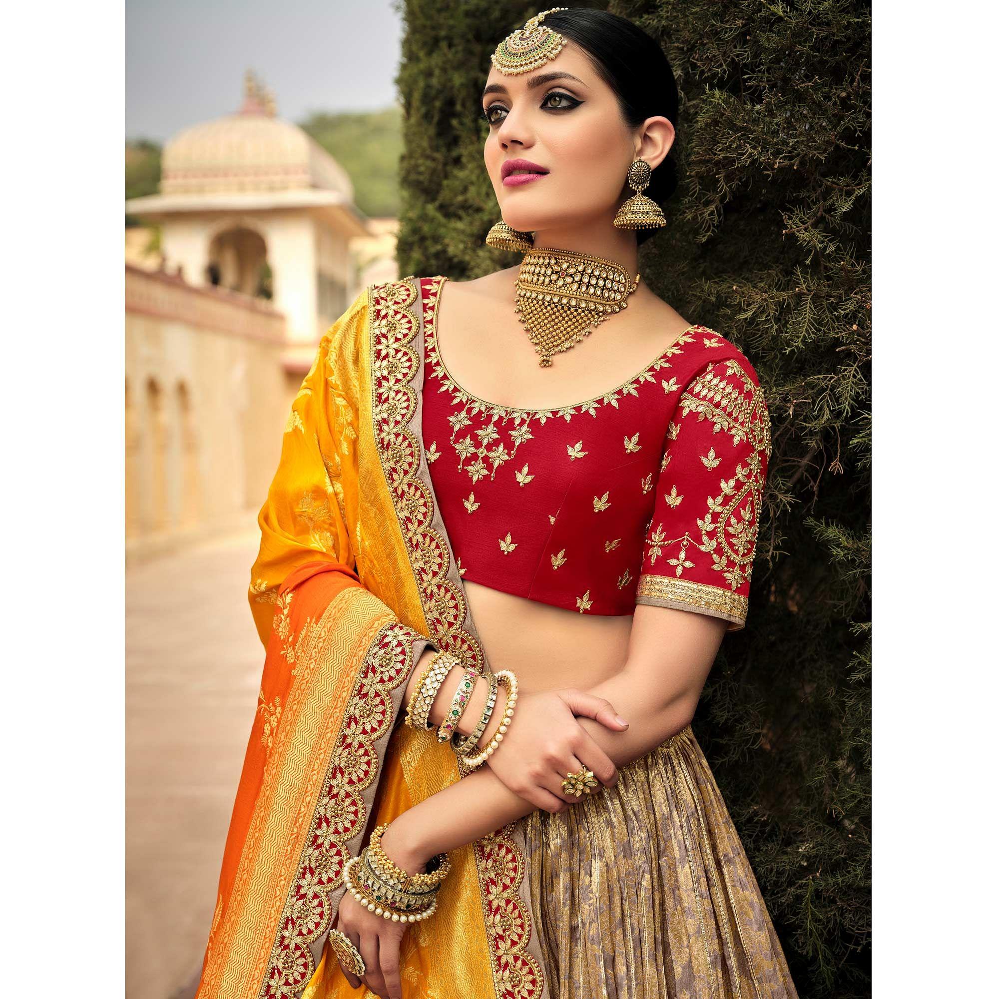 Multicolor Wedding Wear Woven-Embellished Banarasi Silk Lehenga Choli - Peachmode