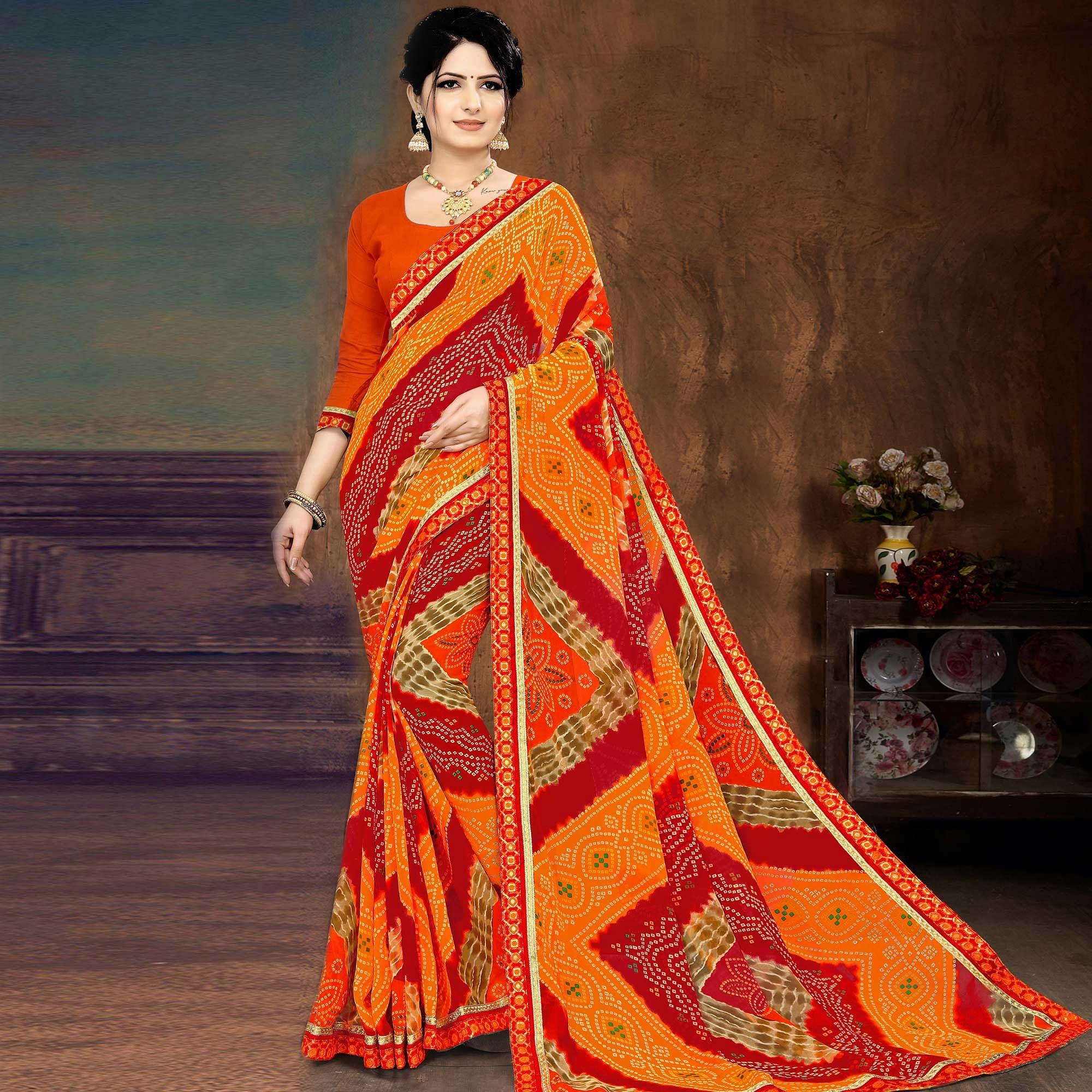 Multicolored Casual Wear Bandhani Printed Georgette Designer Saree - Peachmode