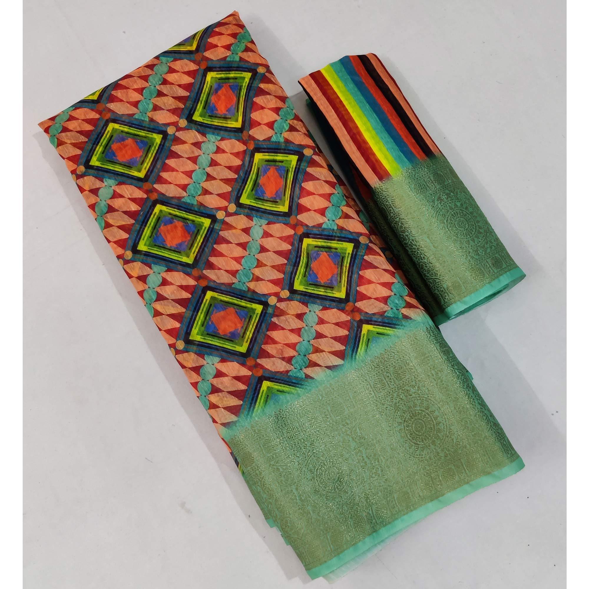 Multicolored Casual Wear Digital Print With Woven Border Linen Saree - Peachmode