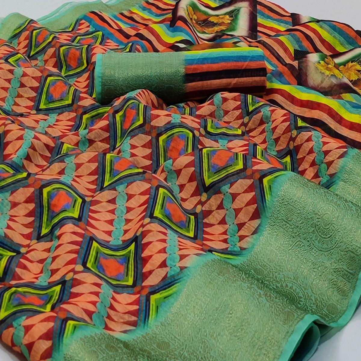 Multicolored Casual Wear Digital Print With Woven Border Linen Saree - Peachmode