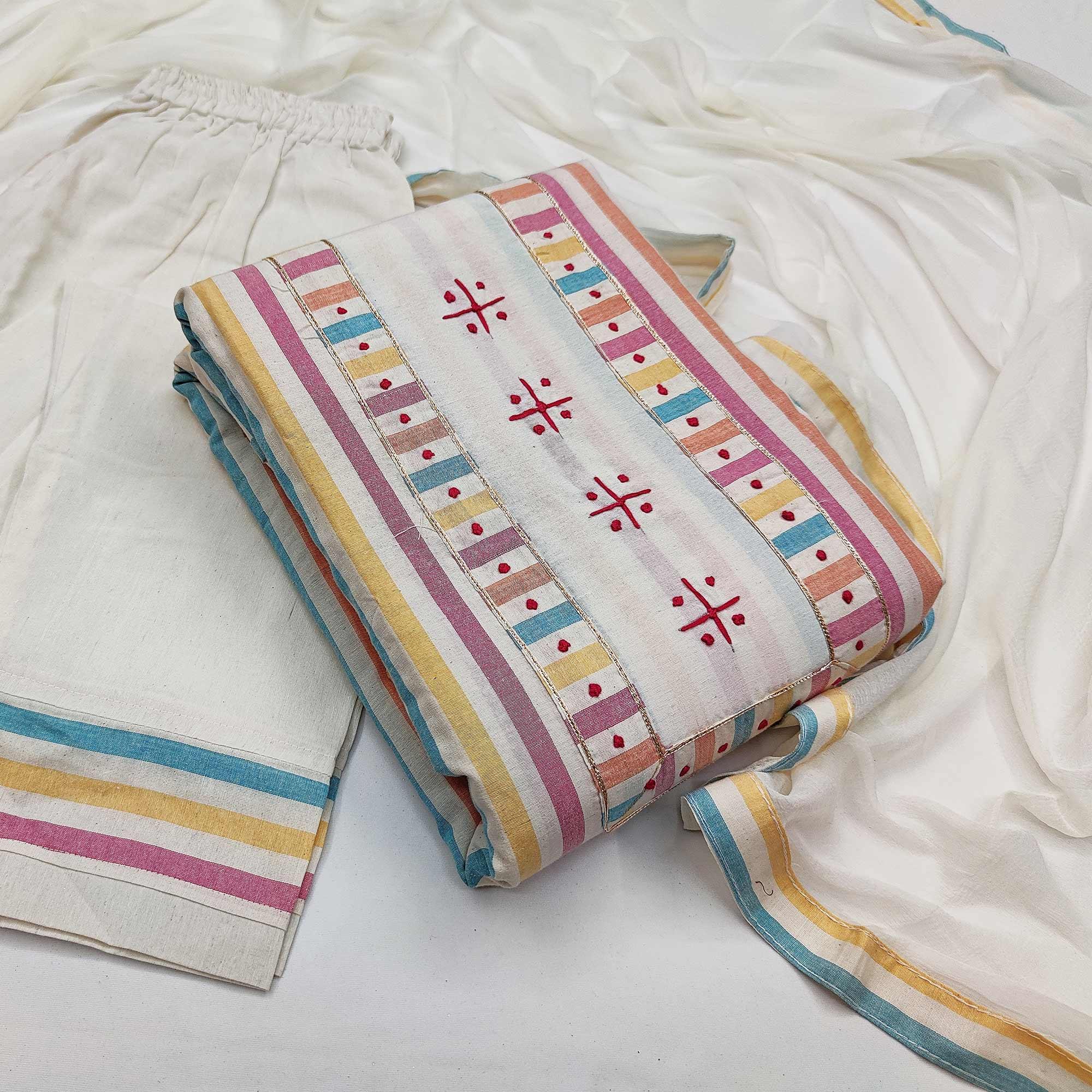 Multicolored Casual Wear Embroidery With Strip Cotton Dress Material - Peachmode