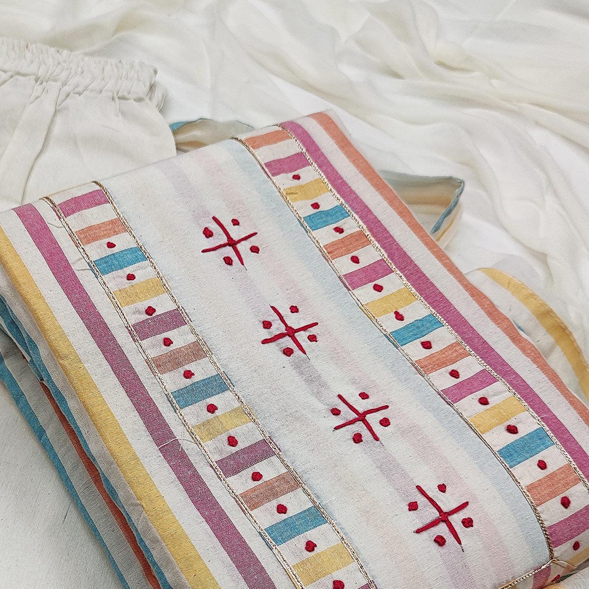 Multicolored Casual Wear Embroidery With Strip Cotton Dress Material - Peachmode