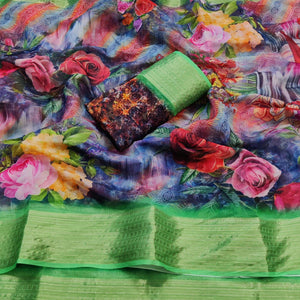 Multicolored Casual Wear Floral Digital Printed Georgatte Saree - Peachmode