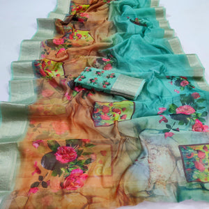Multicolored Casual Wear Floral Digital Printed Georgatte Saree - Peachmode