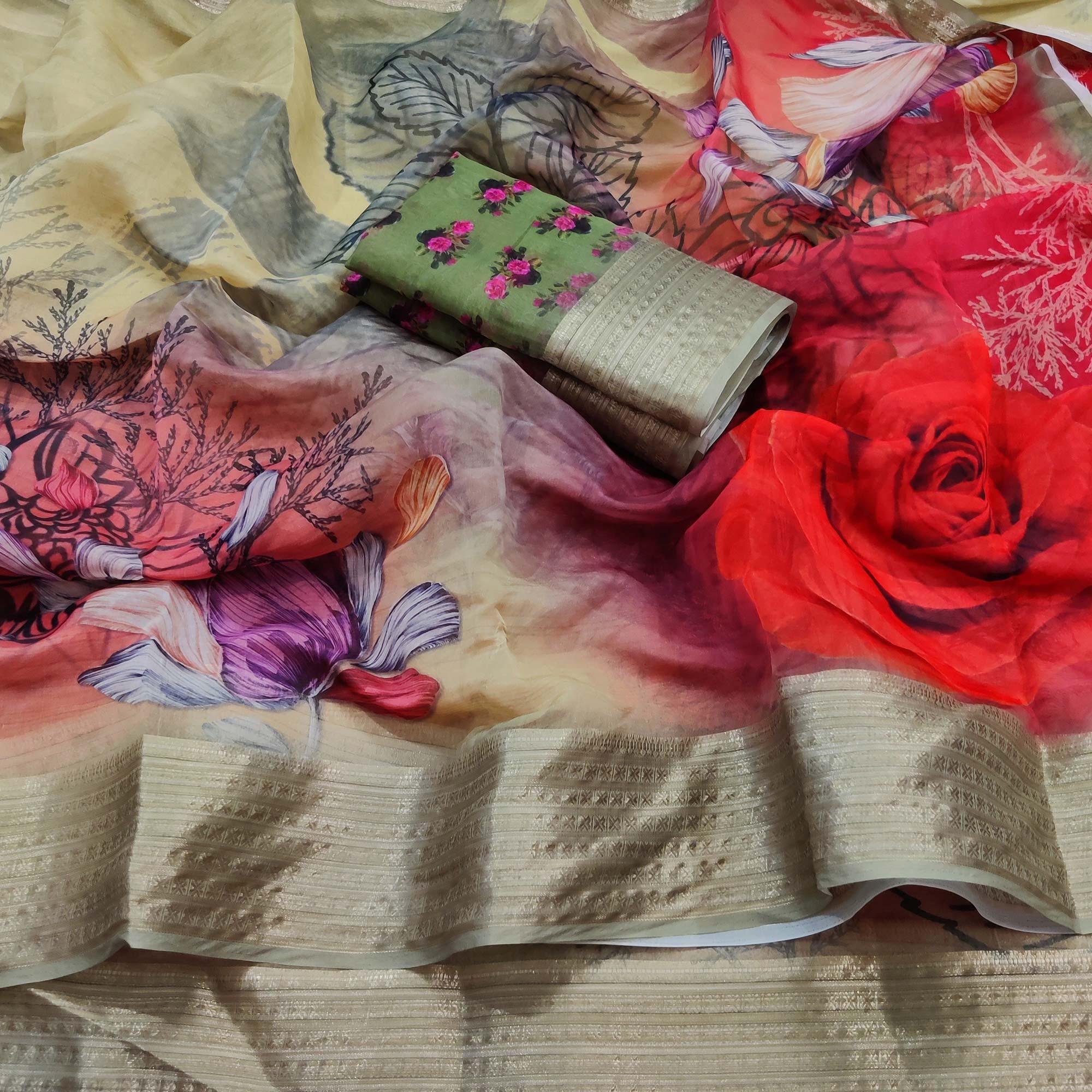 Multicolored Casual Wear Floral Digital Printed Georgatte Saree - Peachmode