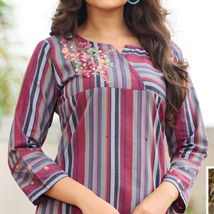 Multicolored Casual Wear Floral Embroidered Pure Cotton Kurti - Peachmode