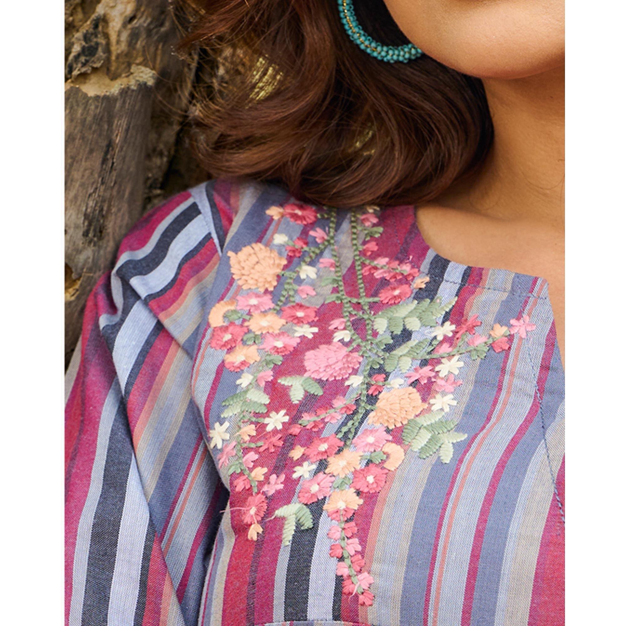 Multicolored Casual Wear Floral Embroidered Pure Cotton Kurti - Peachmode