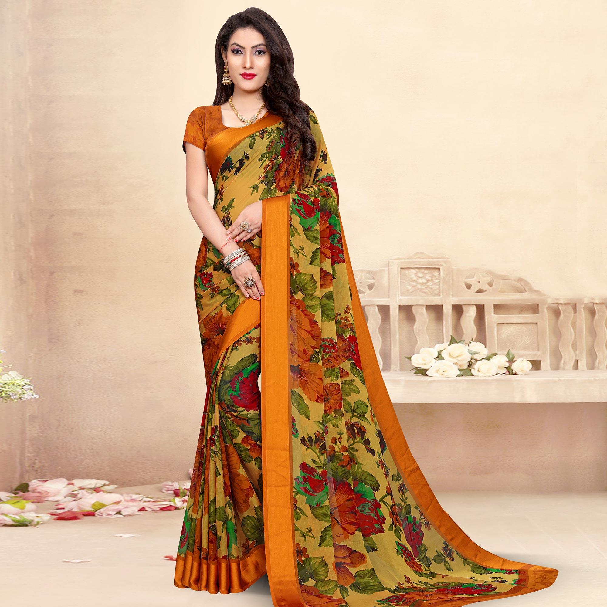 Multicolored Casual Wear Floral Printed Satin Border Chiffon Saree - Peachmode