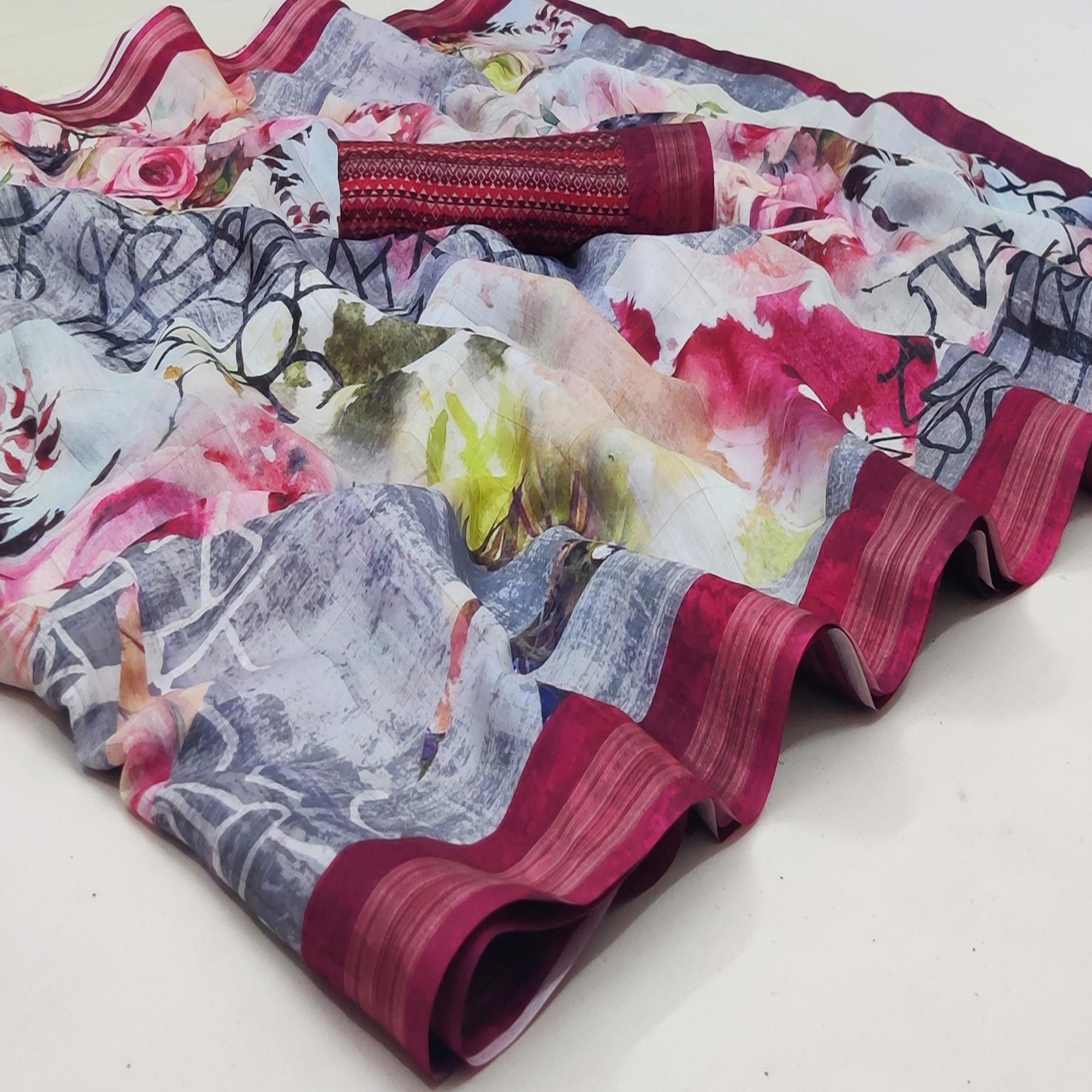 Multicolored Casual Wear Floral Printed Silk Saree - Peachmode