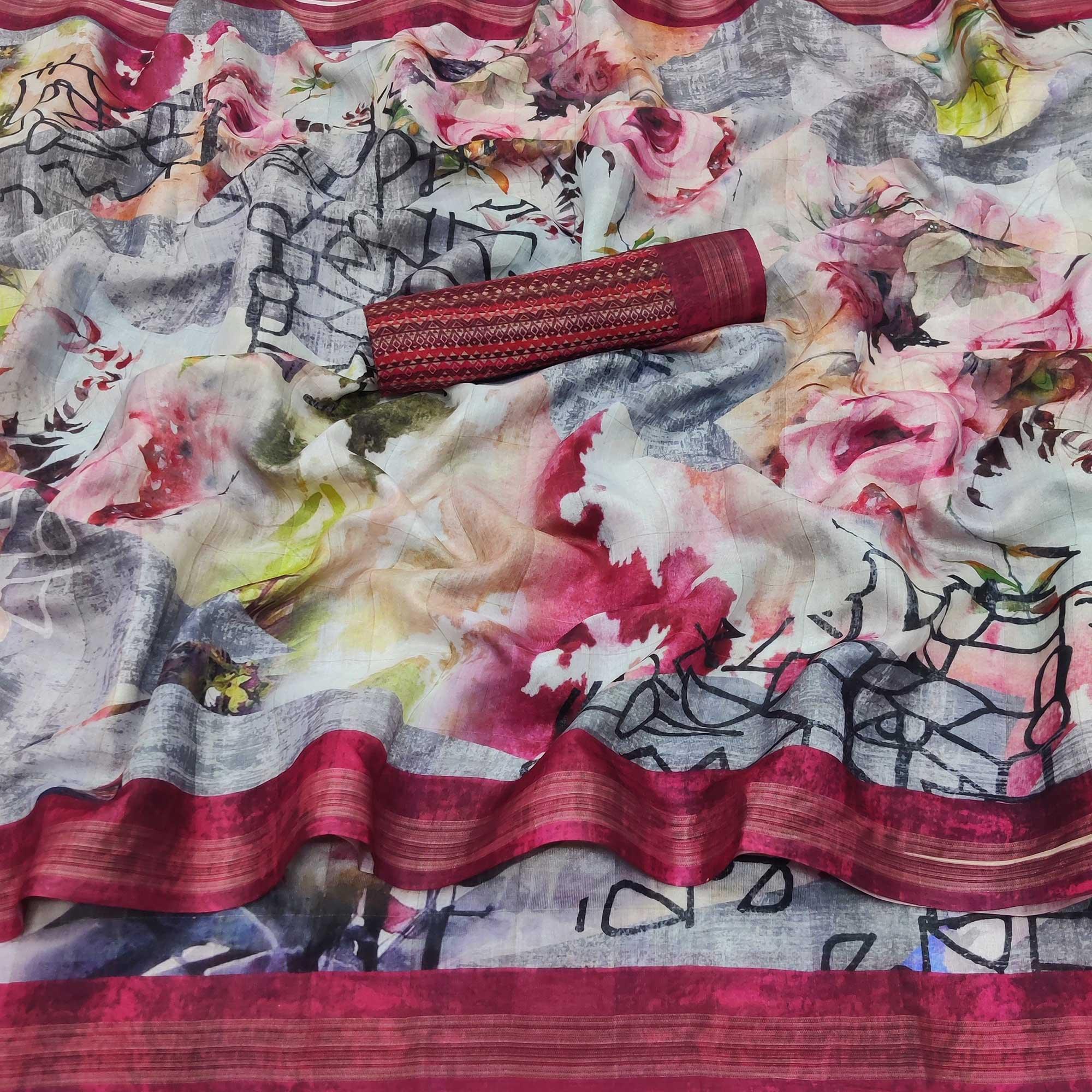 Multicolored Casual Wear Floral Printed Silk Saree - Peachmode
