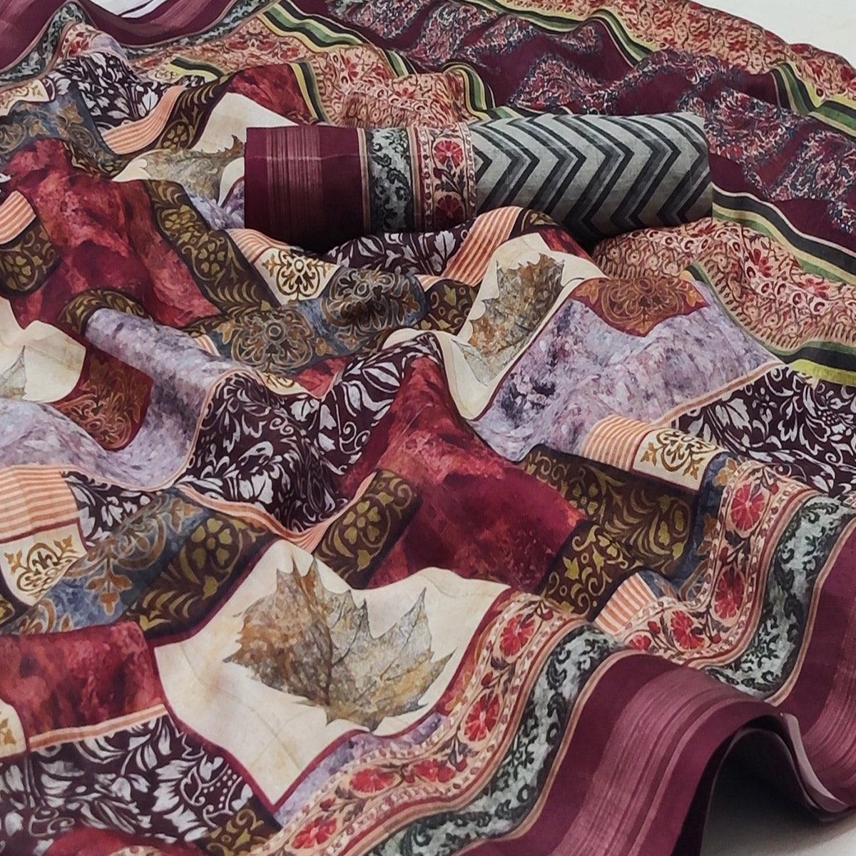 Multicolored Casual Wear Floral Printed Silk Saree - Peachmode