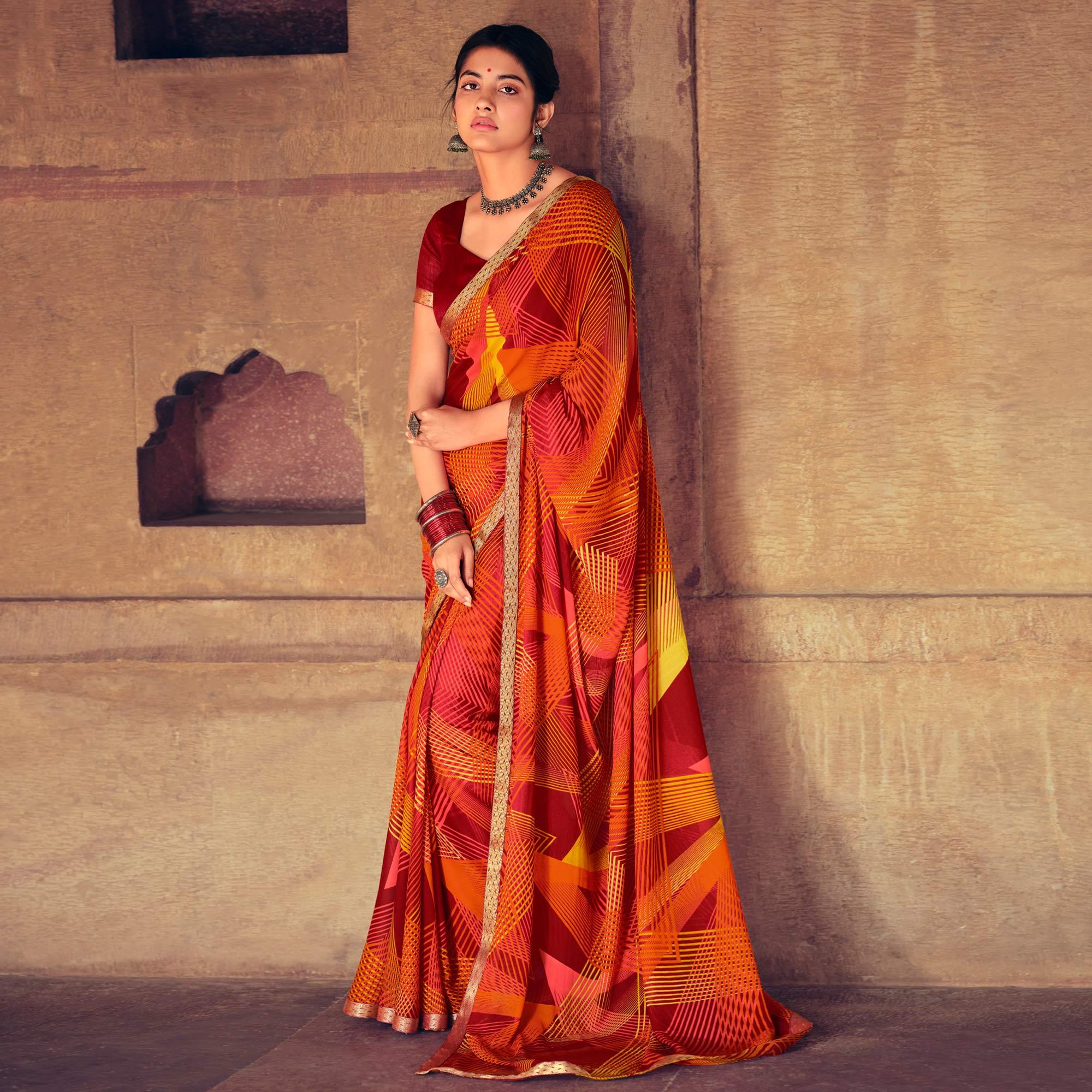 Multicolored Casual Wear Geometric Printed Heavy Micro Saree - Peachmode