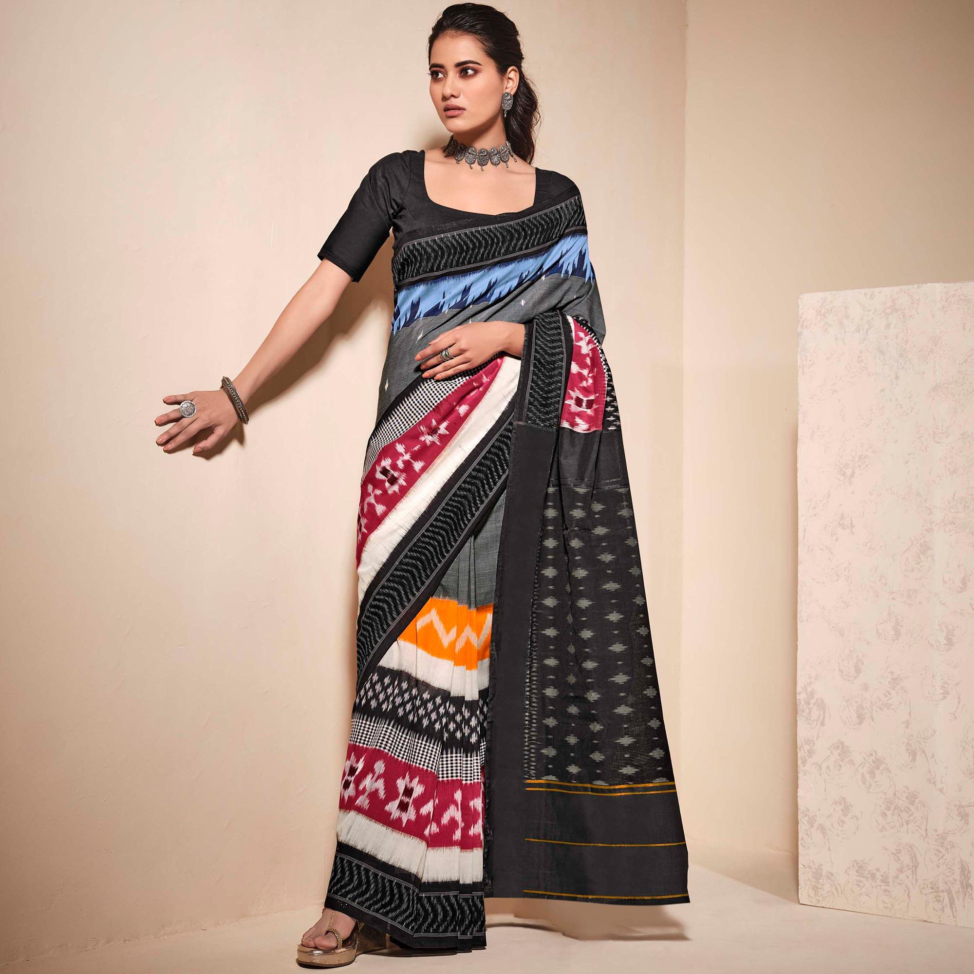 Multicolored Casual Wear Ikkat Printed Mul Mul Cotton Saree - Peachmode