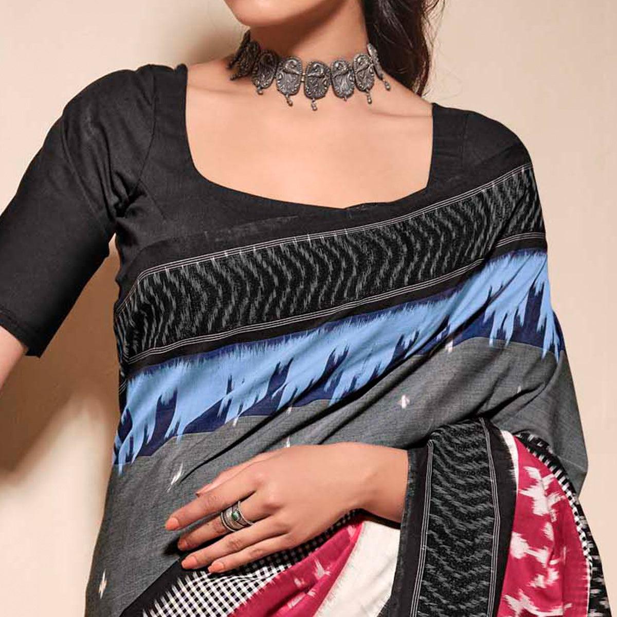 Multicolored Casual Wear Ikkat Printed Mul Mul Cotton Saree - Peachmode