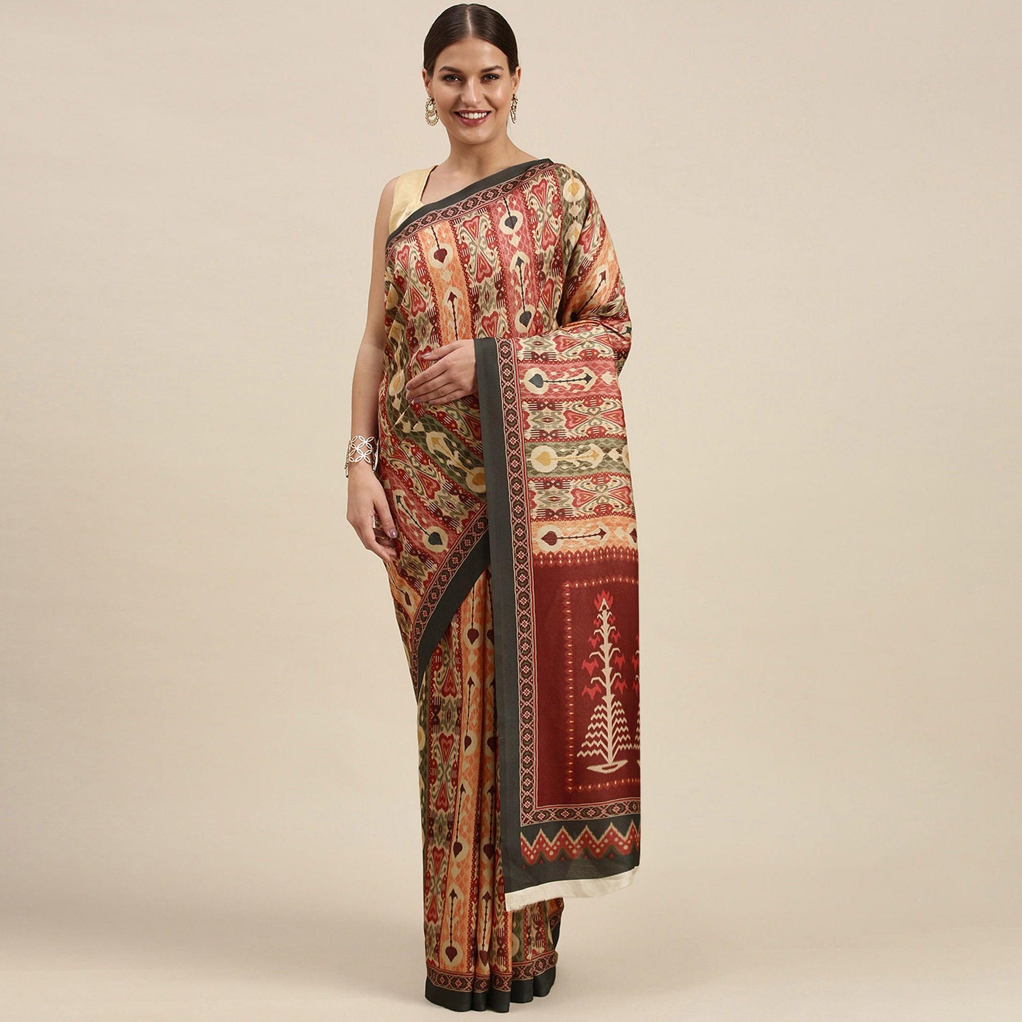 Multicolored Casual Wear Printed Art Silk Saree - Peachmode