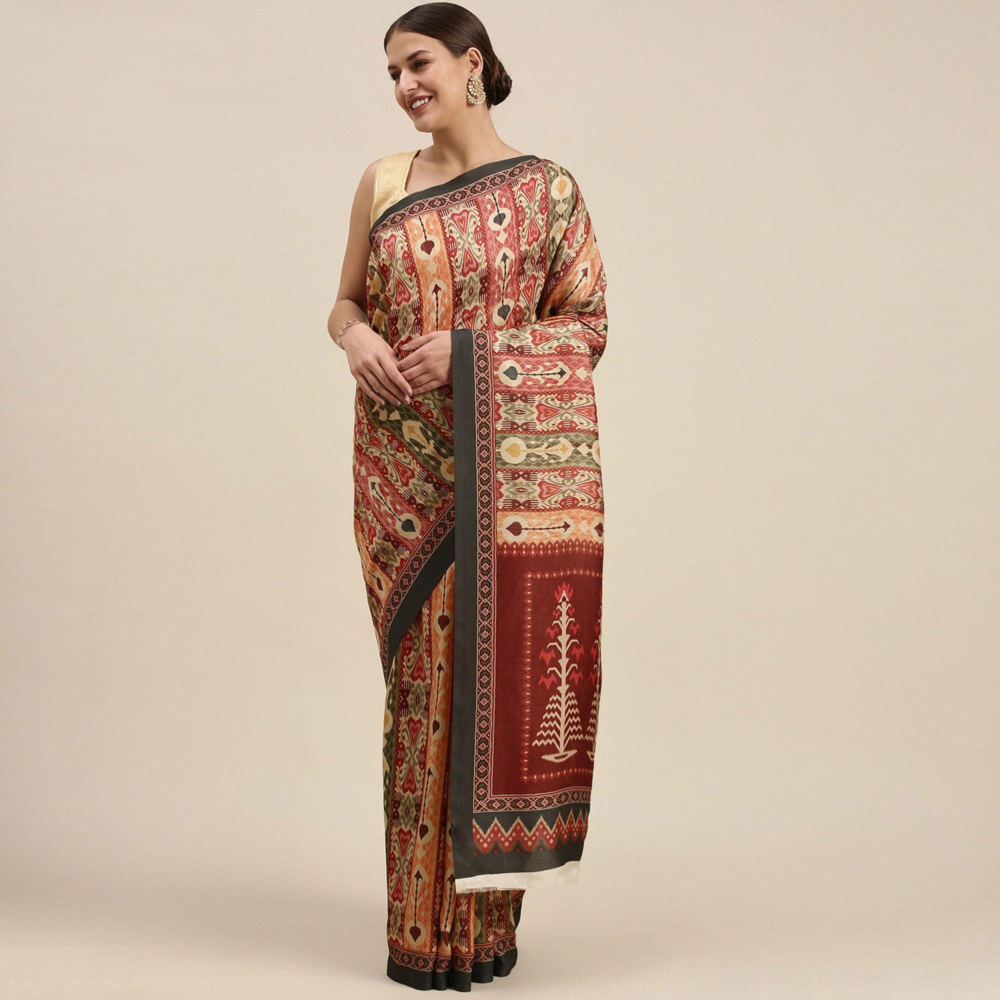 Multicolored Casual Wear Printed Art Silk Saree - Peachmode