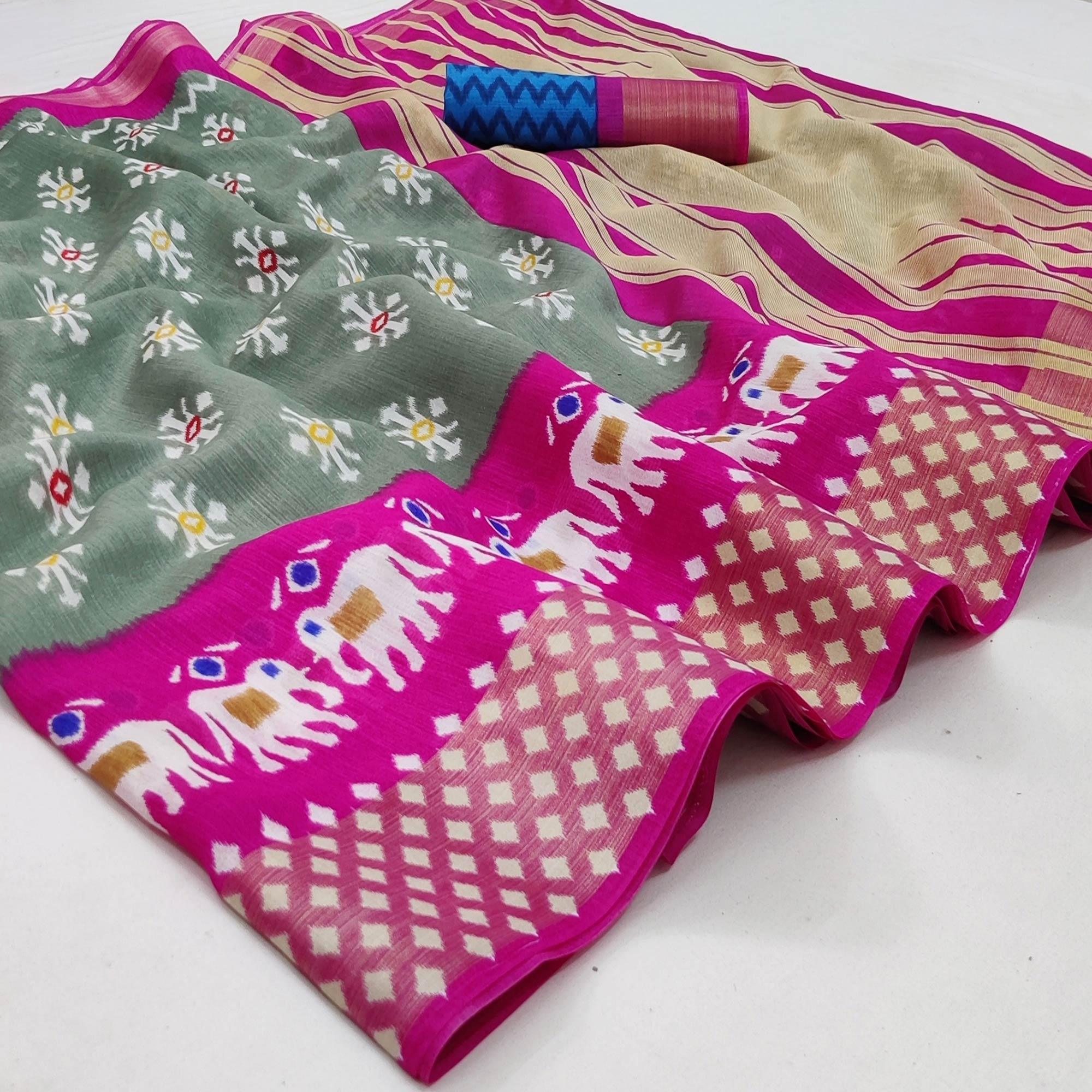 Multicolored Casual Wear Printed Cotton Saree With Jari Border - Peachmode