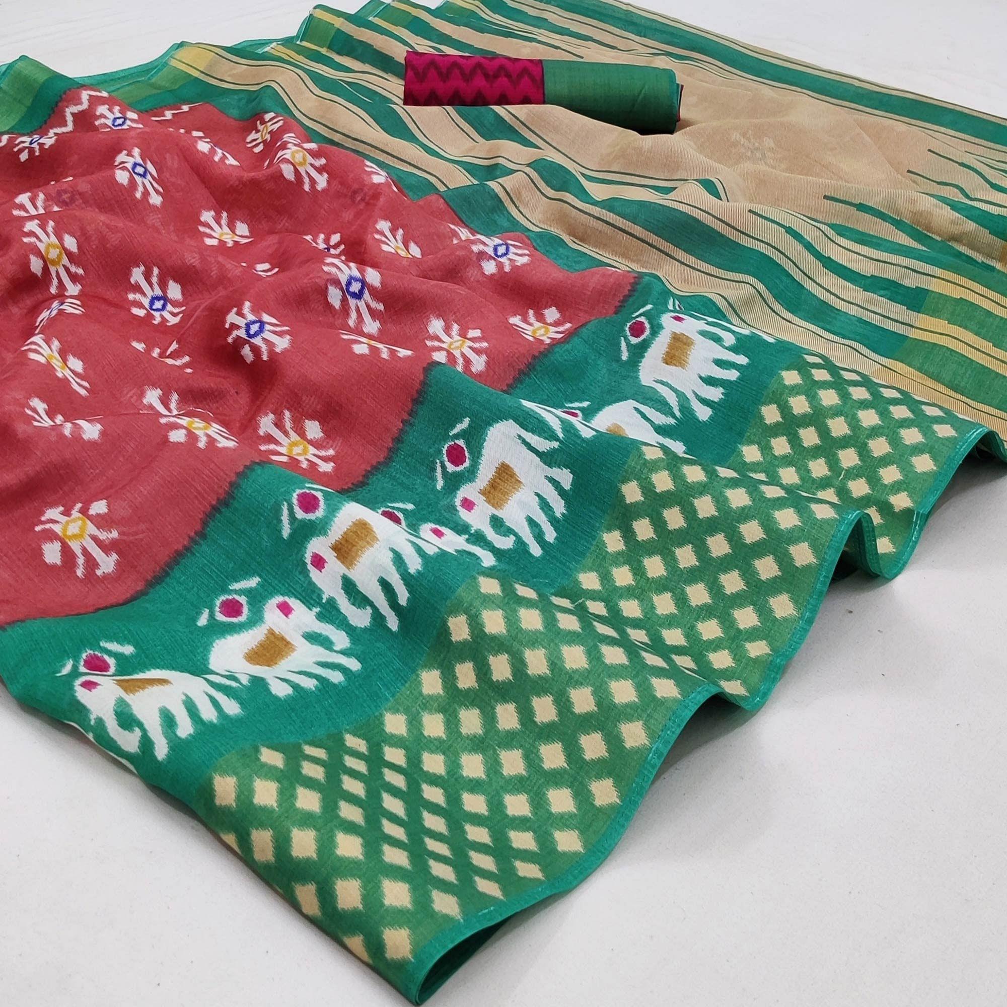 Multicolored Casual Wear Printed Cotton Saree With Jari Border - Peachmode