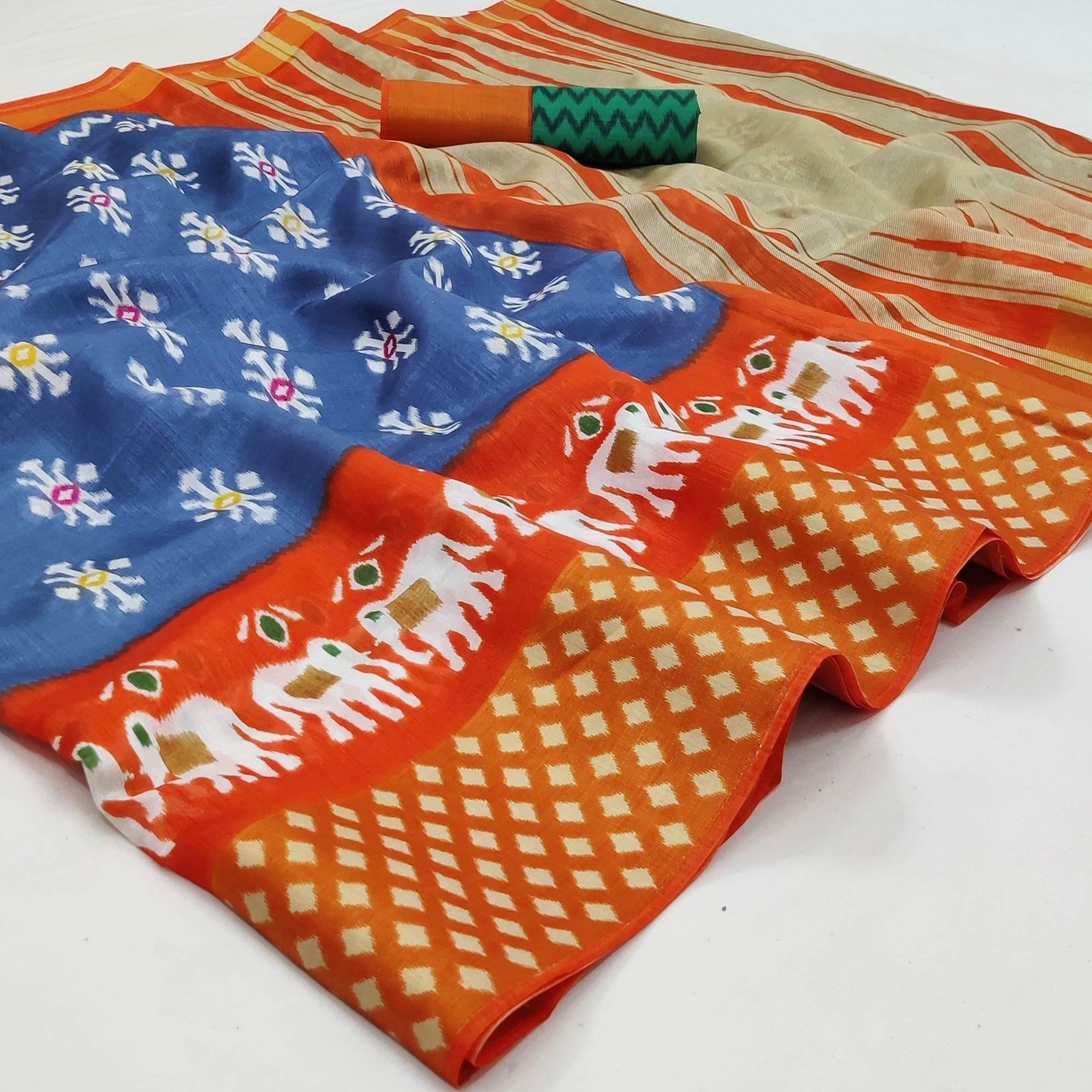 Multicolored Casual Wear Printed Cotton Saree With Jari Border - Peachmode