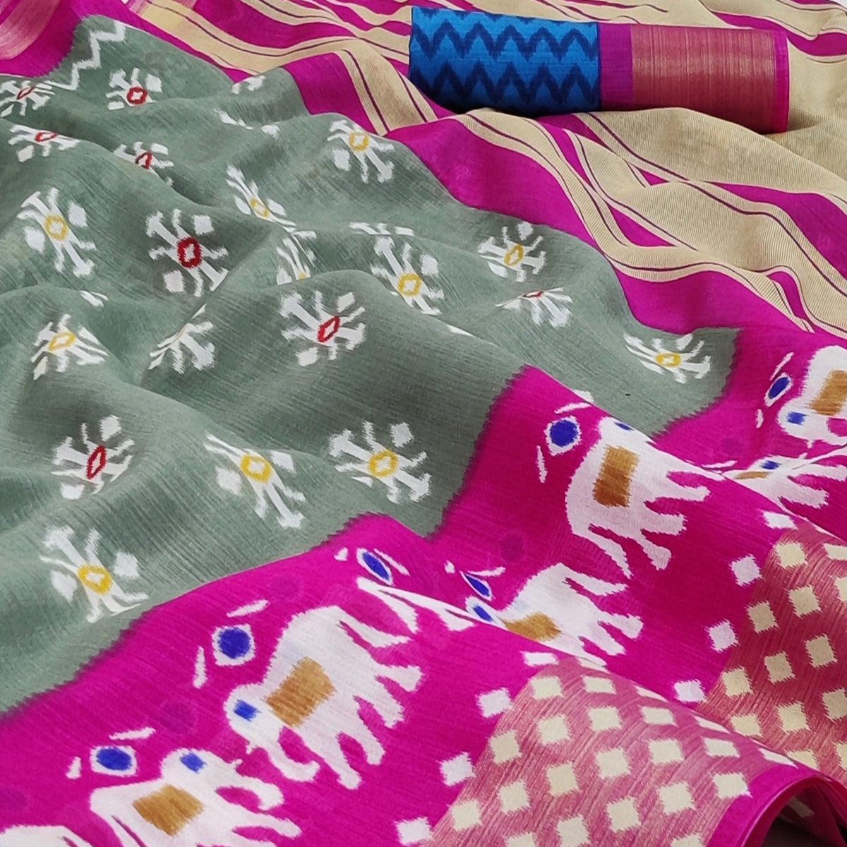 Multicolored Casual Wear Printed Cotton Saree With Jari Border - Peachmode