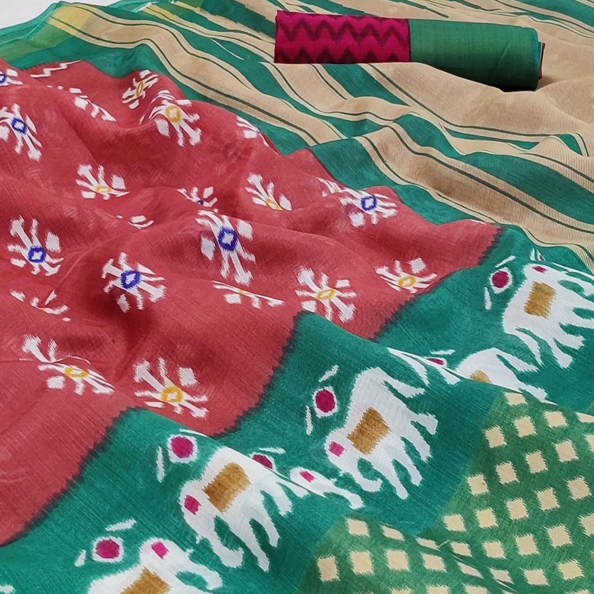 Multicolored Casual Wear Printed Cotton Saree With Jari Border - Peachmode