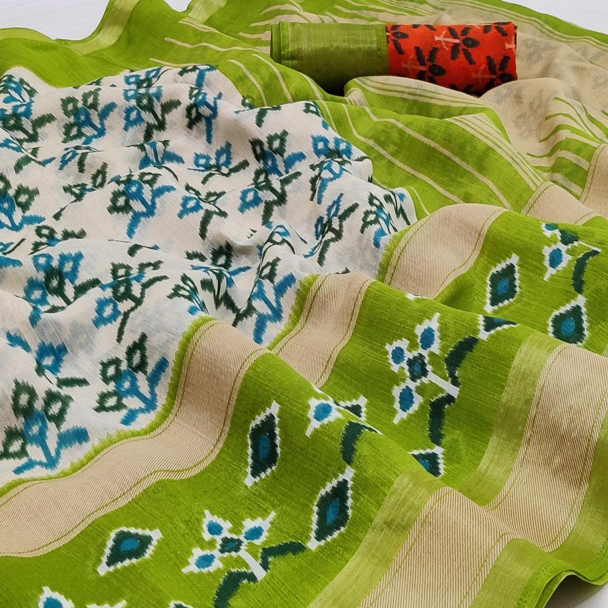 Multicolored Casual Wear Printed Cotton Saree With Jari Border - Peachmode