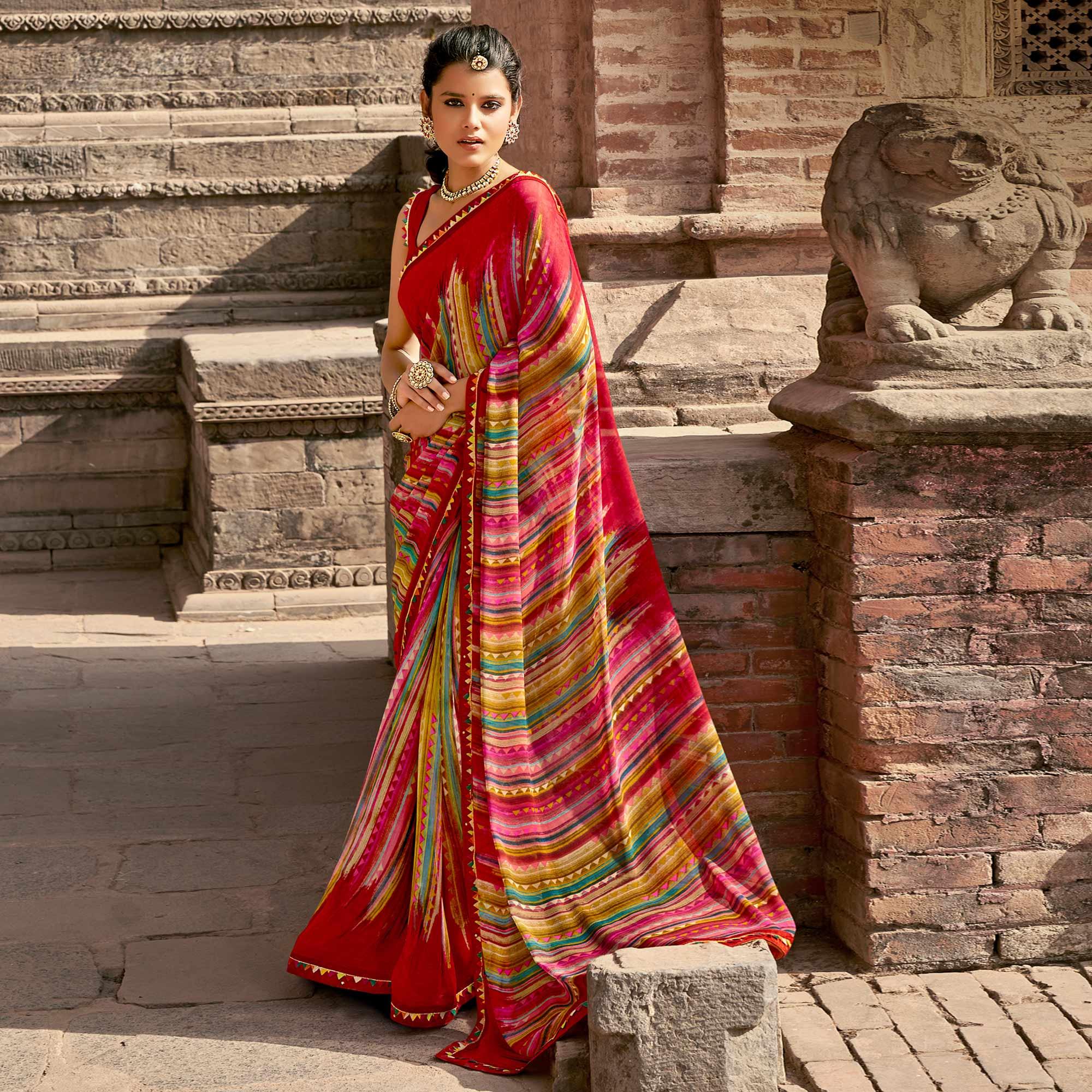 Multicolored Casual Wear Printed Georgette Saree With Fancy Lace - Peachmode