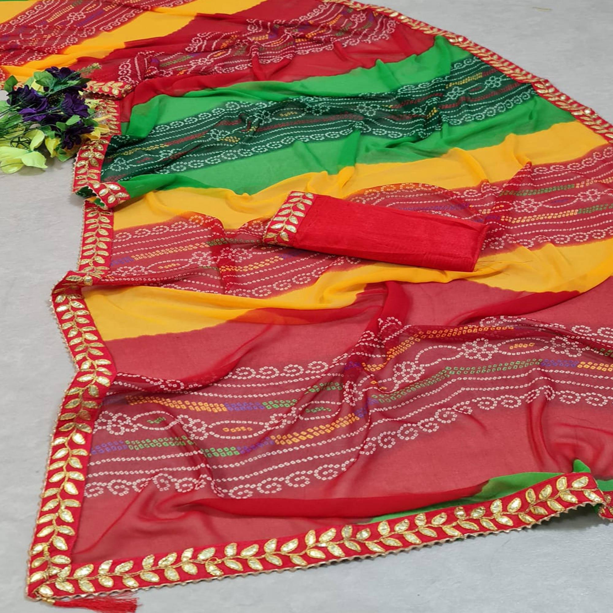 Multicolored Casual Wear Printed Georgette Saree With Gotta Lace Border - Peachmode