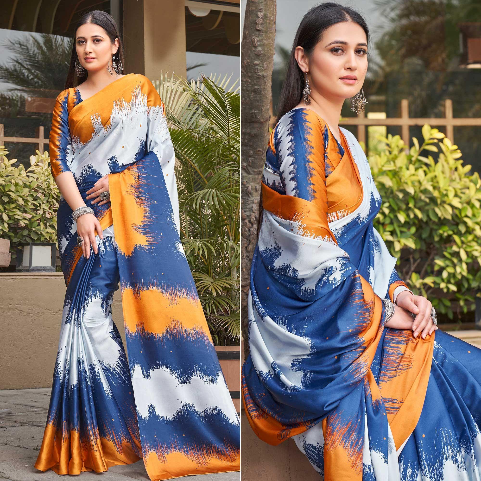 Multicolored Casual Wear Printed Satin Silk Saree - Peachmode