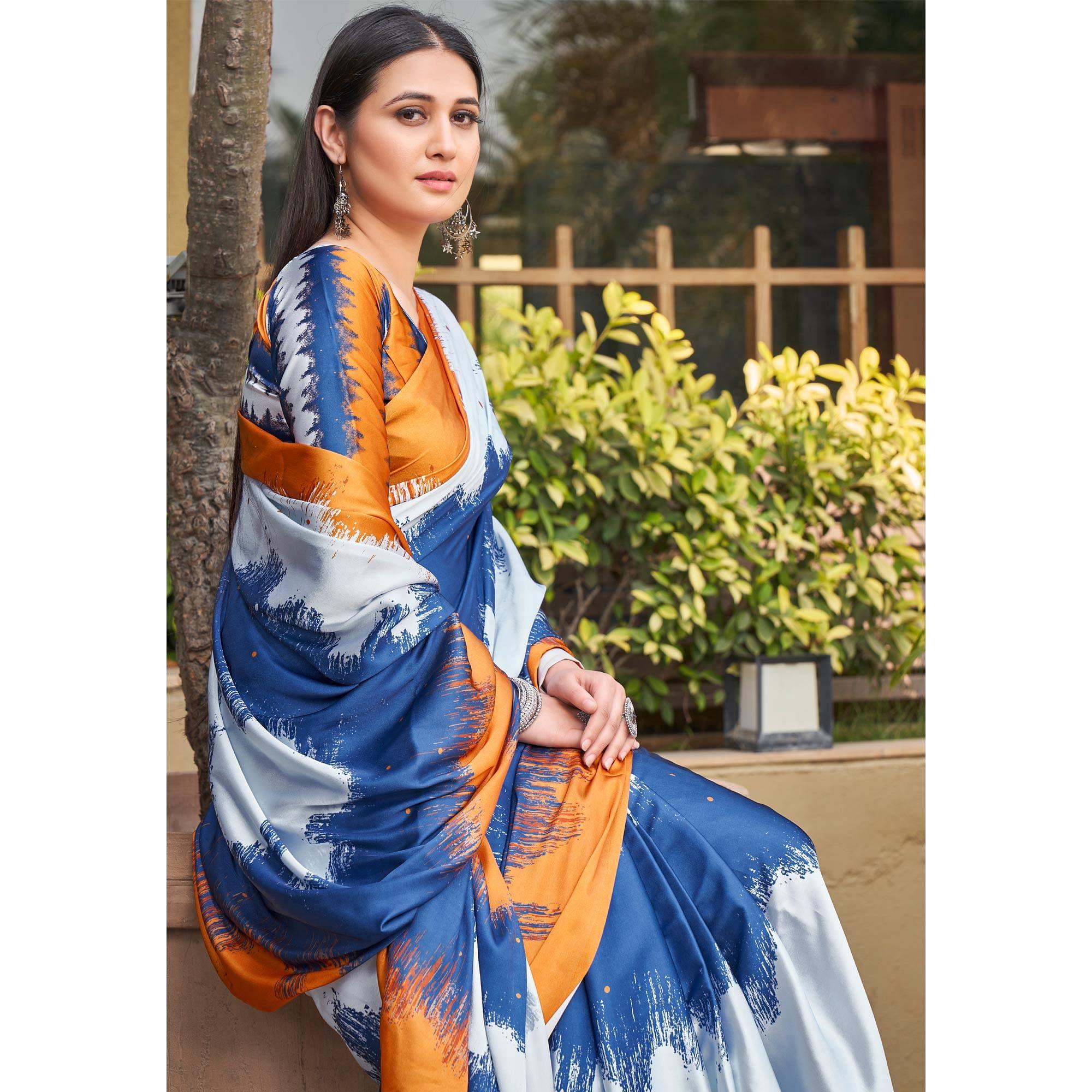 Multicolored Casual Wear Printed Satin Silk Saree - Peachmode