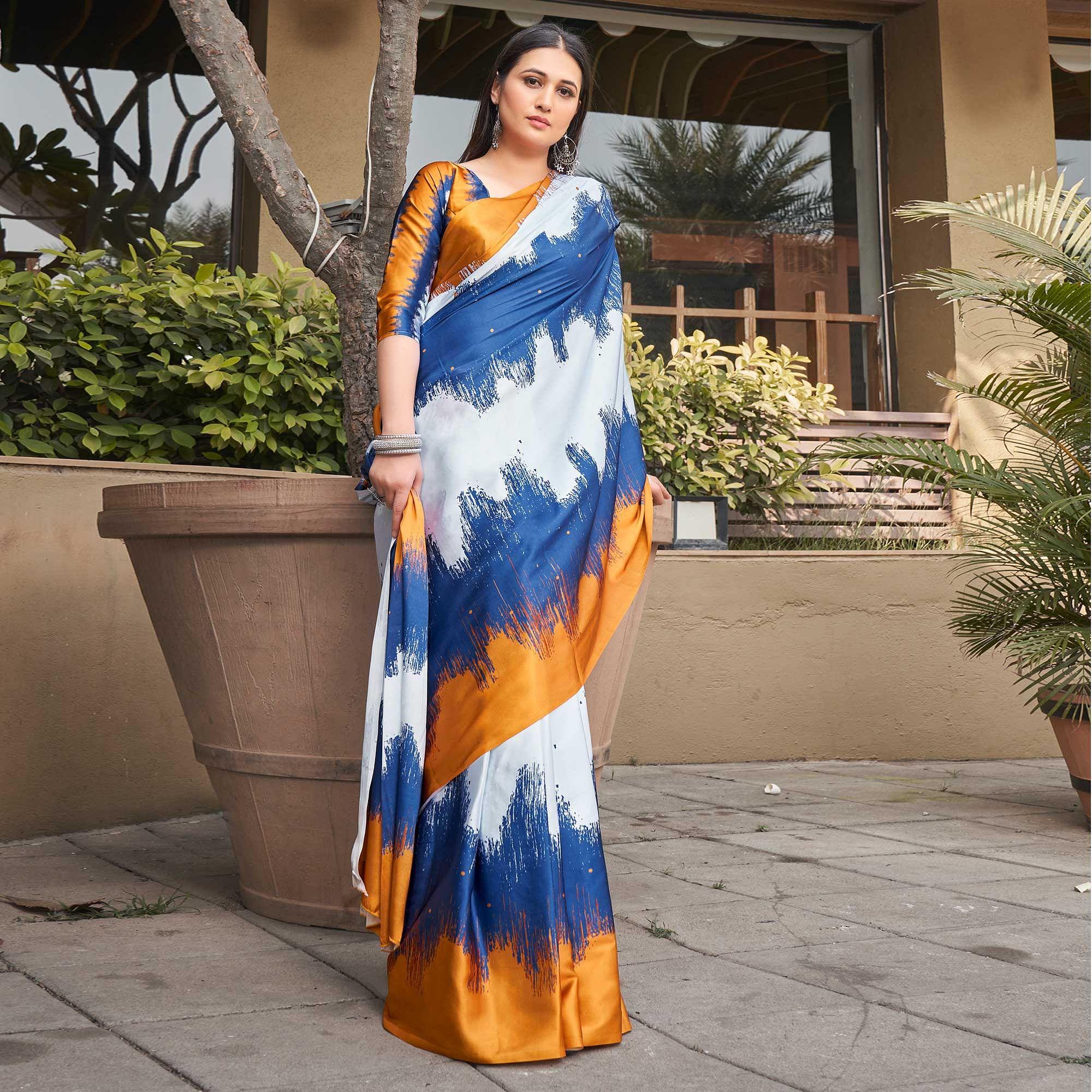 Multicolored Casual Wear Printed Satin Silk Saree - Peachmode