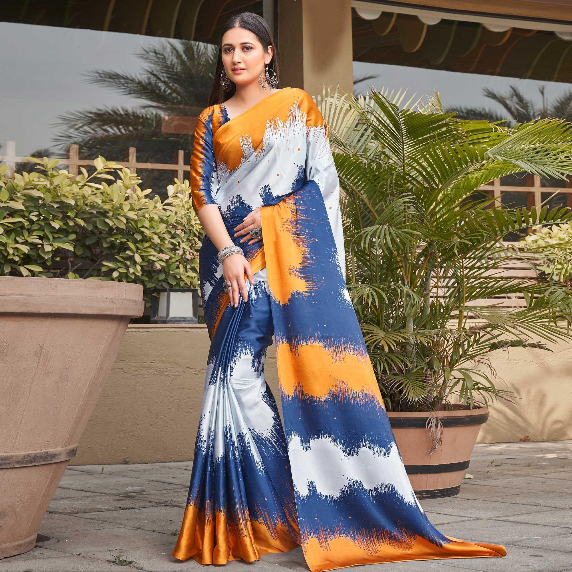 Multicolored Casual Wear Printed Satin Silk Saree - Peachmode