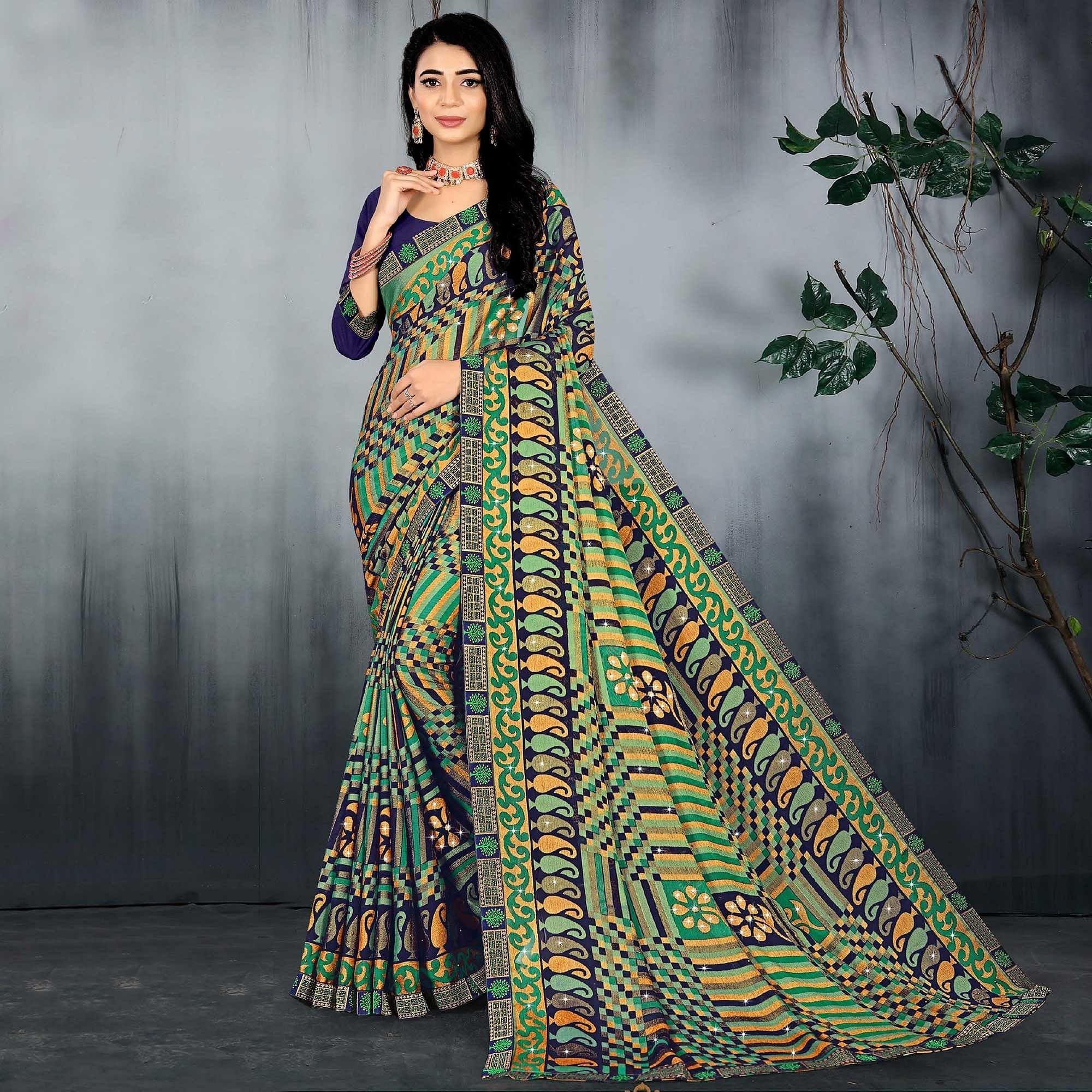 Multicolored Casual Wear Printed With Stone Work Brasso Designer Saree - Peachmode