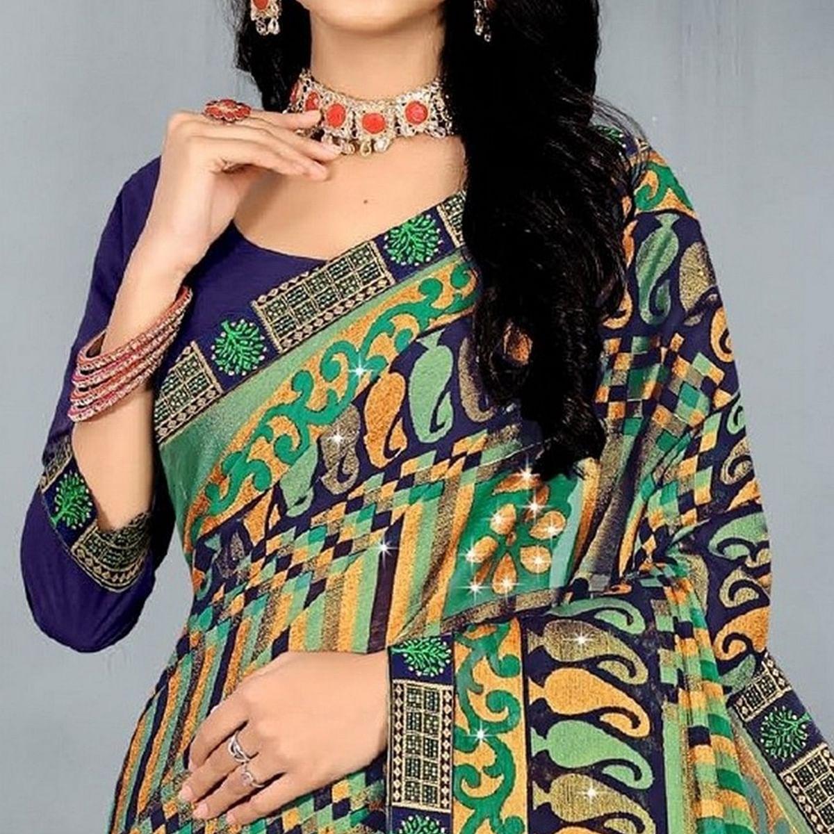 Multicolored Casual Wear Printed With Stone Work Brasso Designer Saree - Peachmode