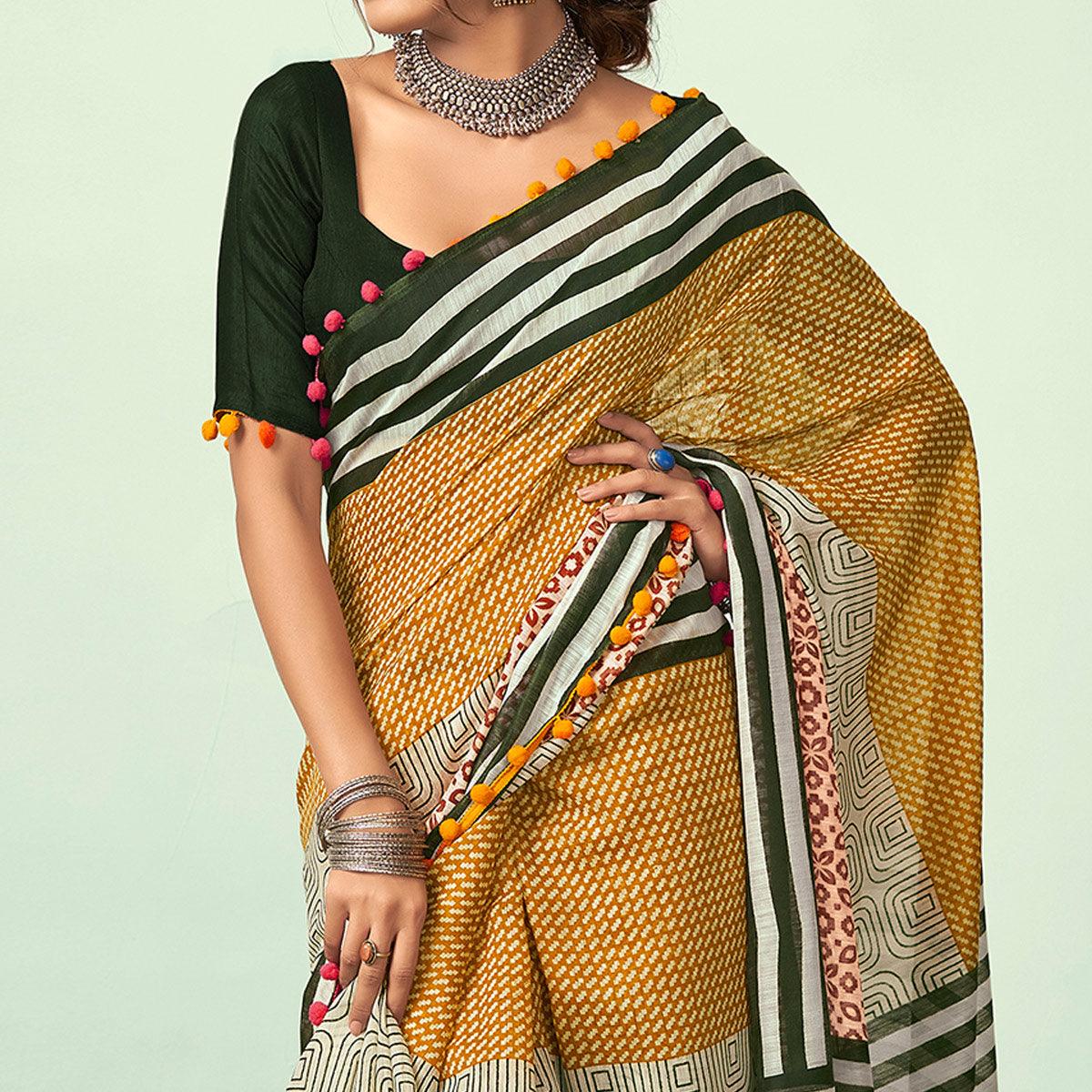 Multicolored Casual Wear Striped Printed Mul Mul Cotton Saree - Peachmode