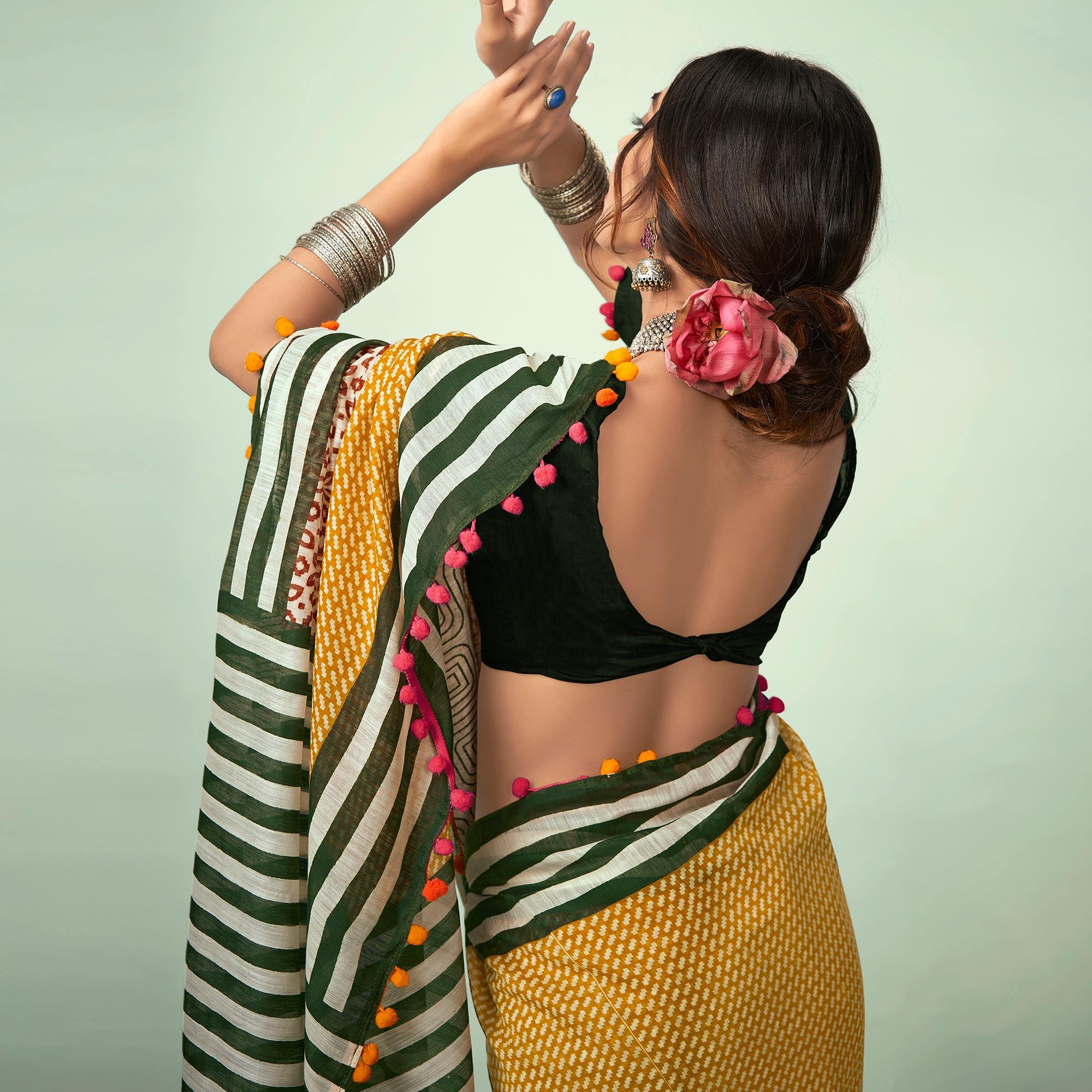 Multicolored Casual Wear Striped Printed Mul Mul Cotton Saree - Peachmode