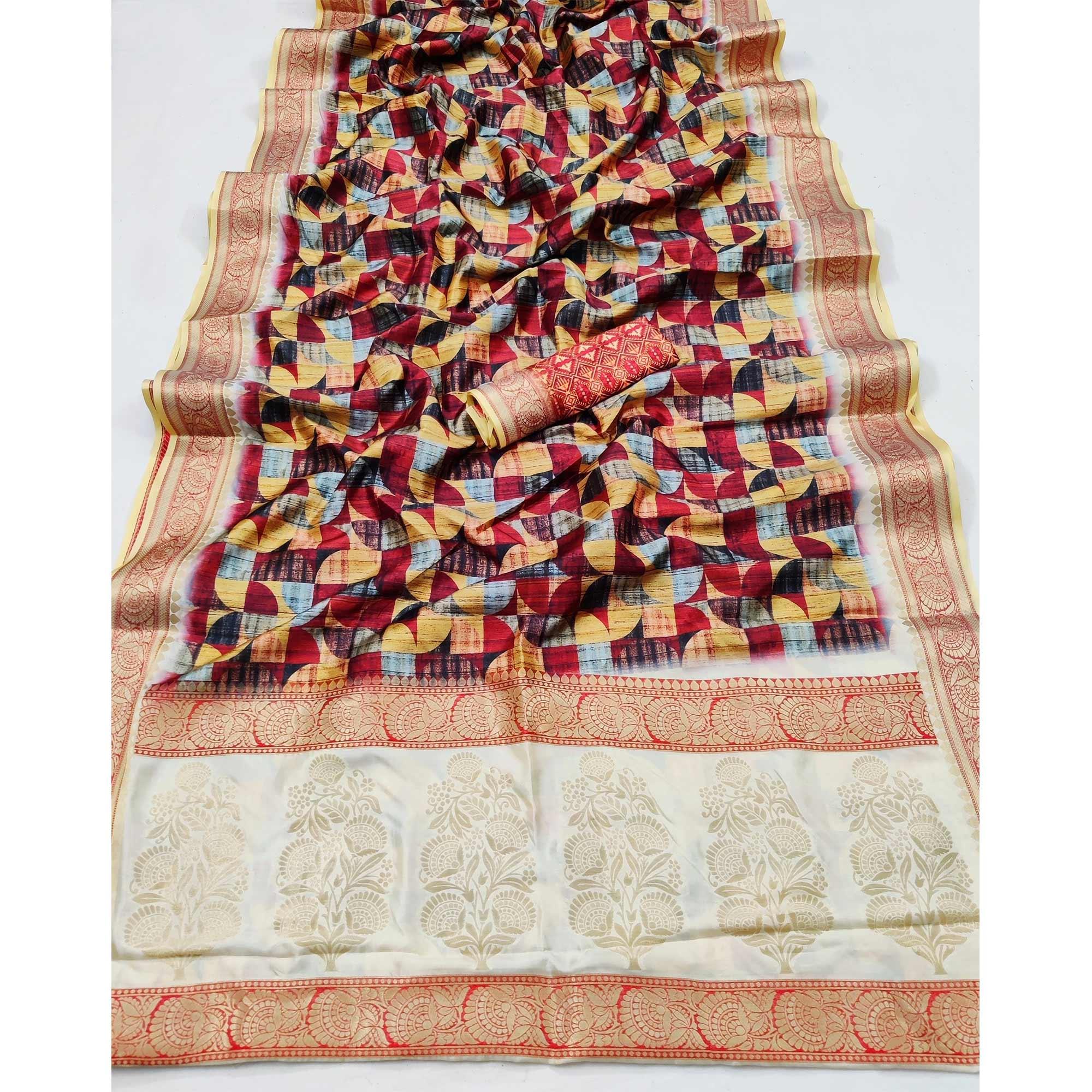 Multicolored Festive Wear Digital Printed Soft Silk Saree With Jacquard Border - Peachmode