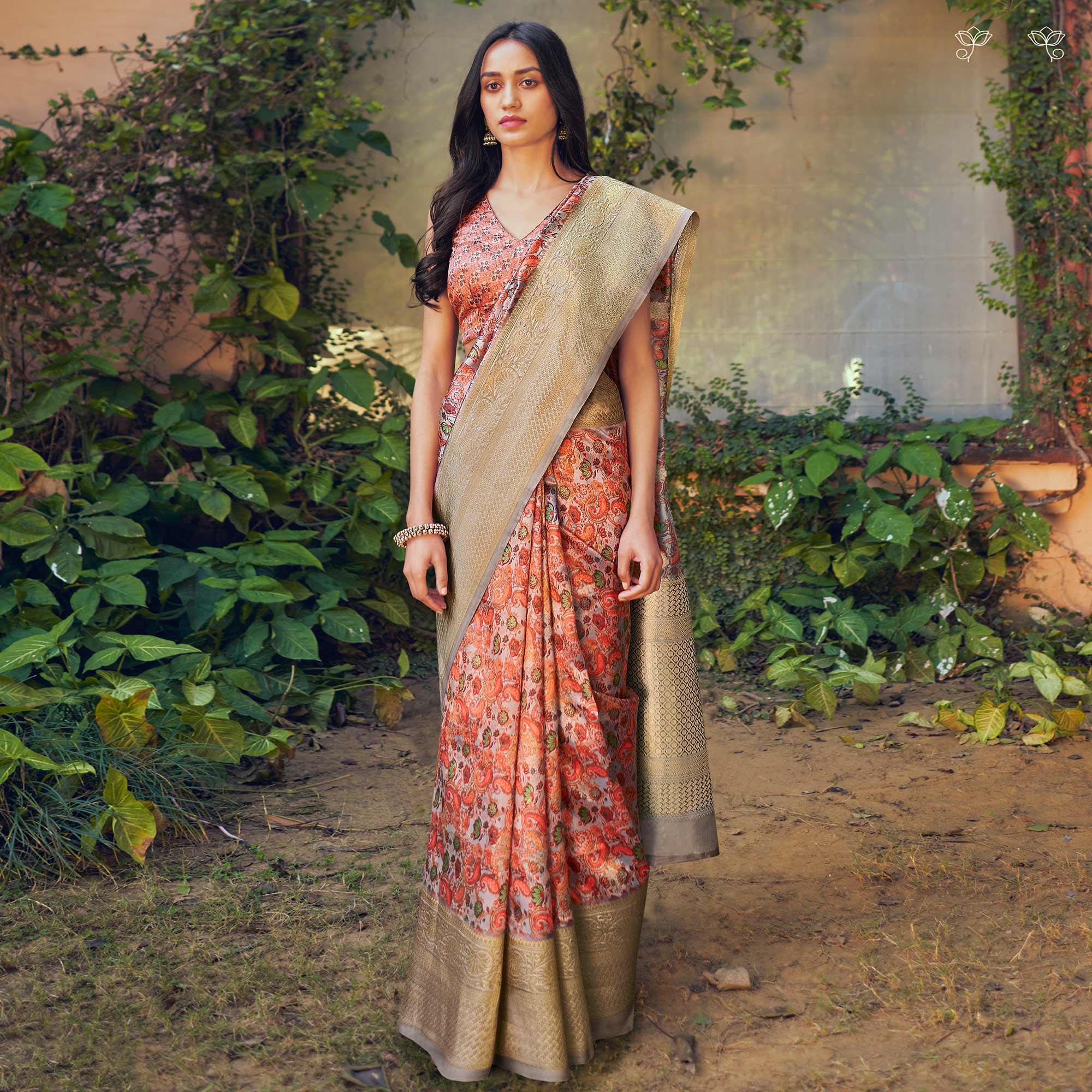 Multicolored Festive Wear Floral Digital Printed Woven Silk Saree - Peachmode