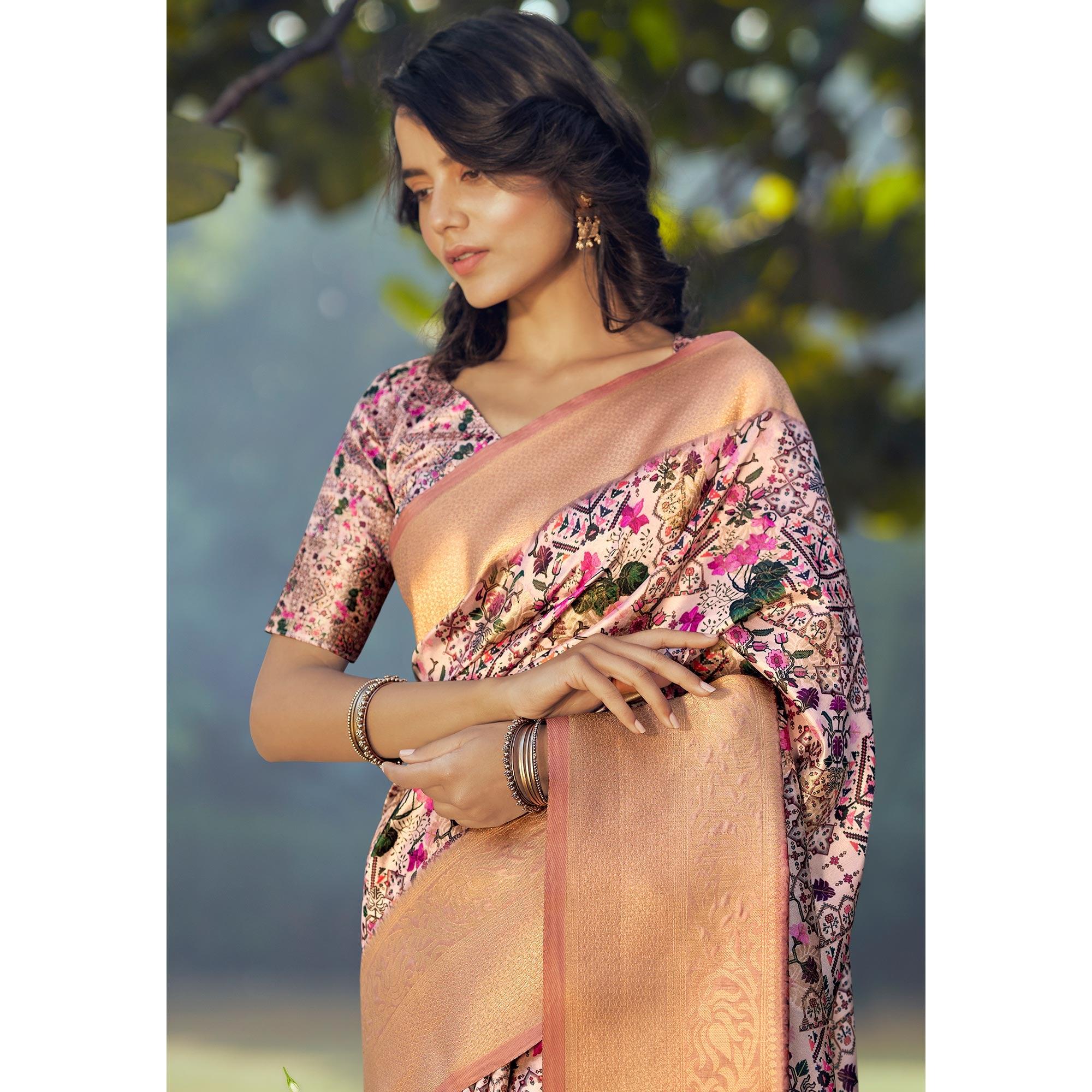 Multicolored Festive Wear Floral Digital Printed Woven Silk Saree - Peachmode