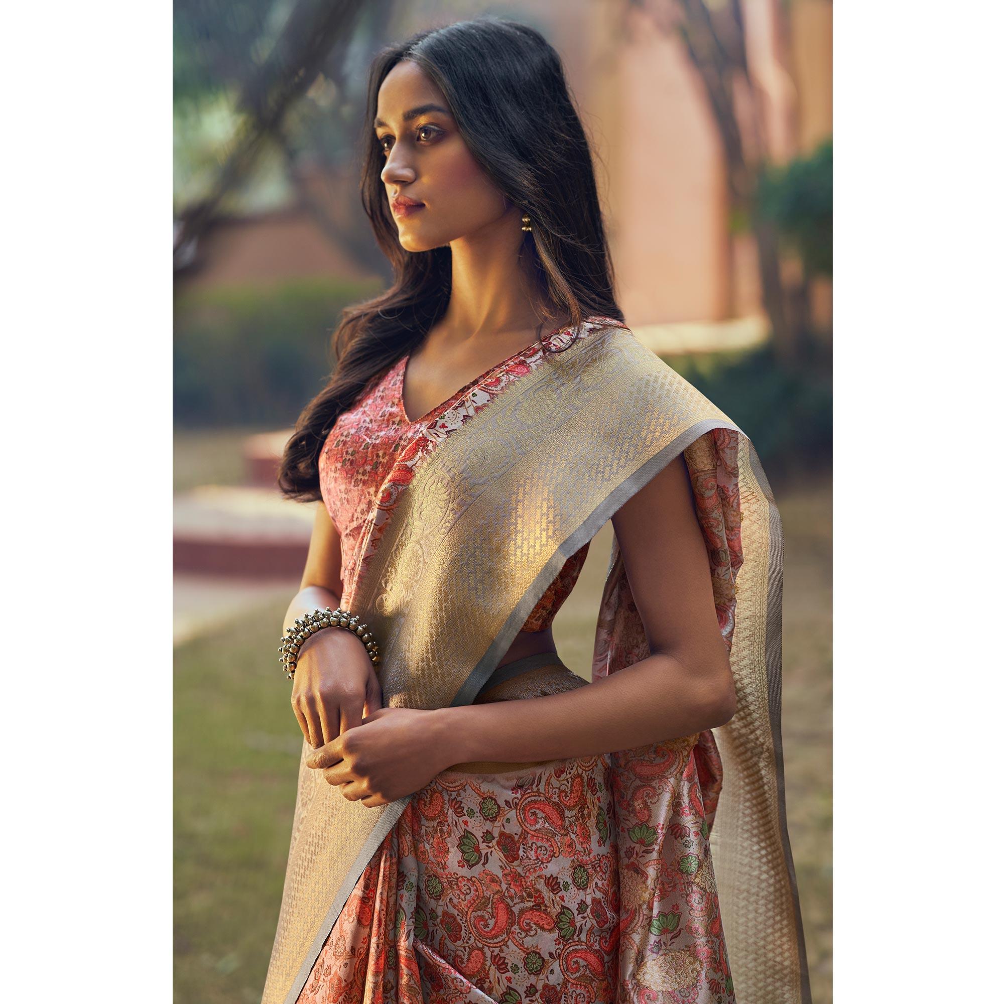 Multicolored Festive Wear Floral Digital Printed Woven Silk Saree - Peachmode