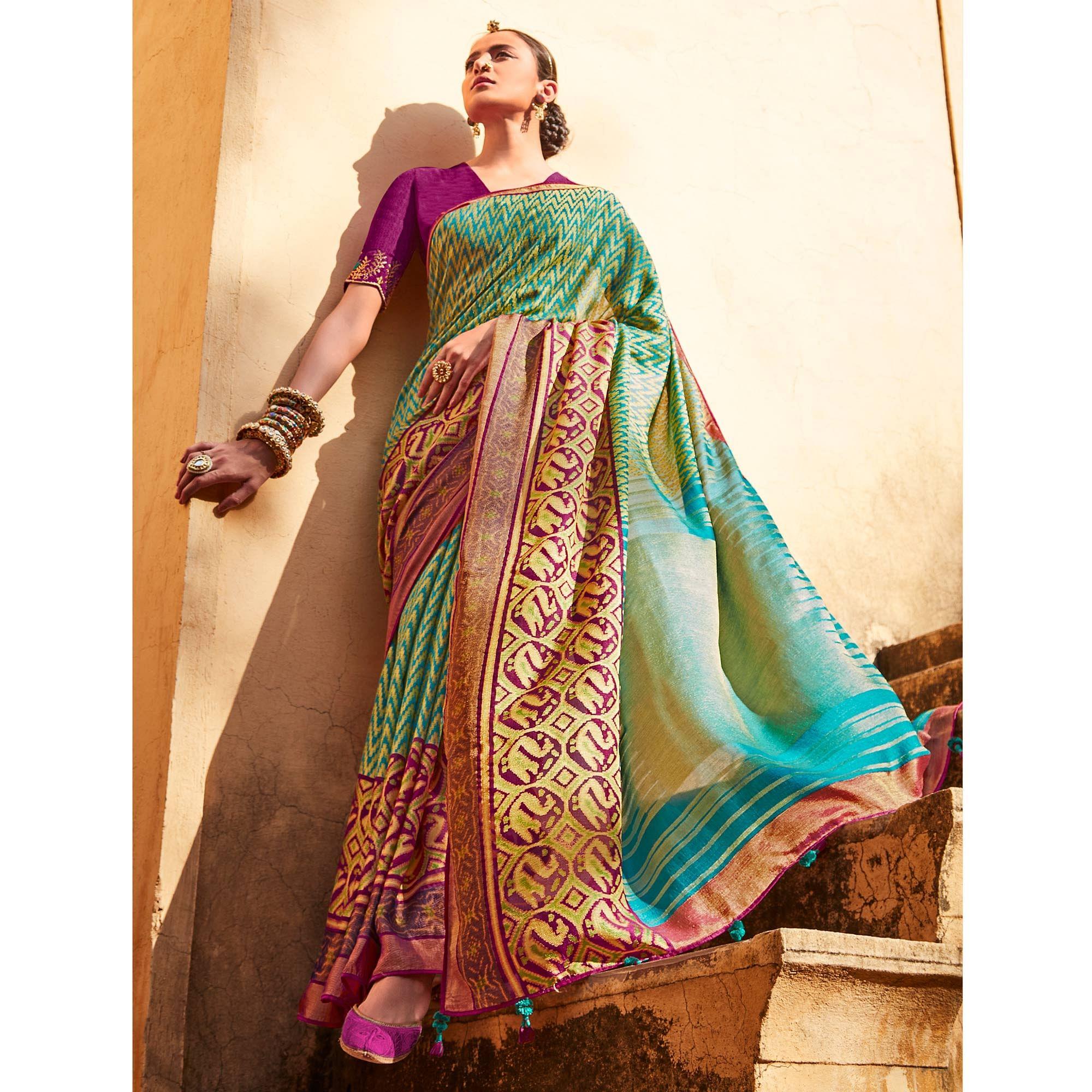 Multicolored Festive Wear Printed Silk Saree - Peachmode
