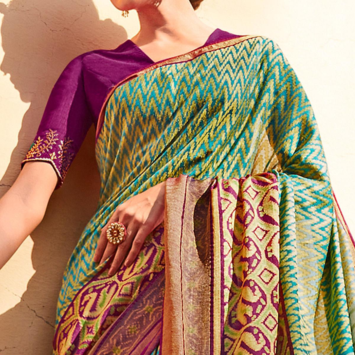 Multicolored Festive Wear Printed Silk Saree - Peachmode
