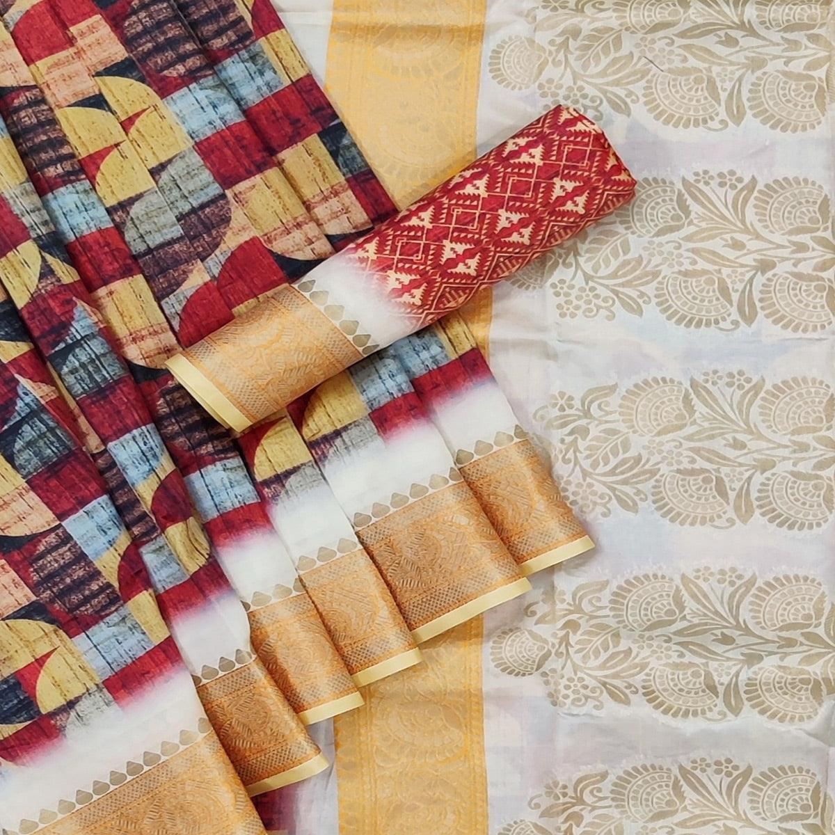 Multicolored Festive Wear Woven With Digital Printed Silk Saree - Peachmode