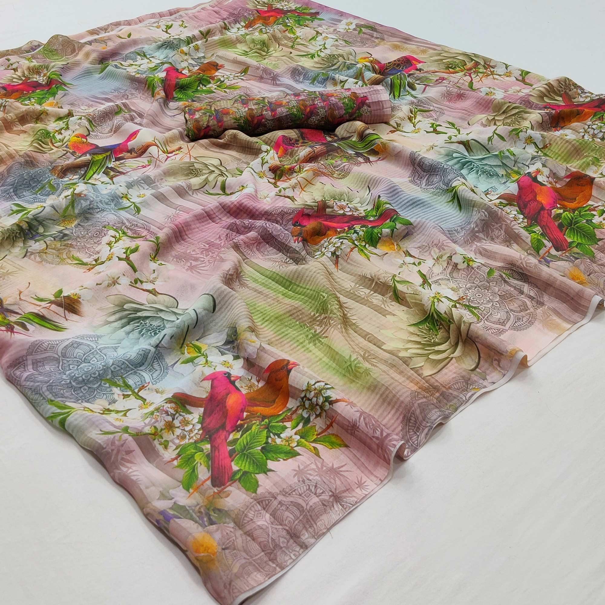 Multicolored Floral Digital Printed Georgette Saree - Peachmode