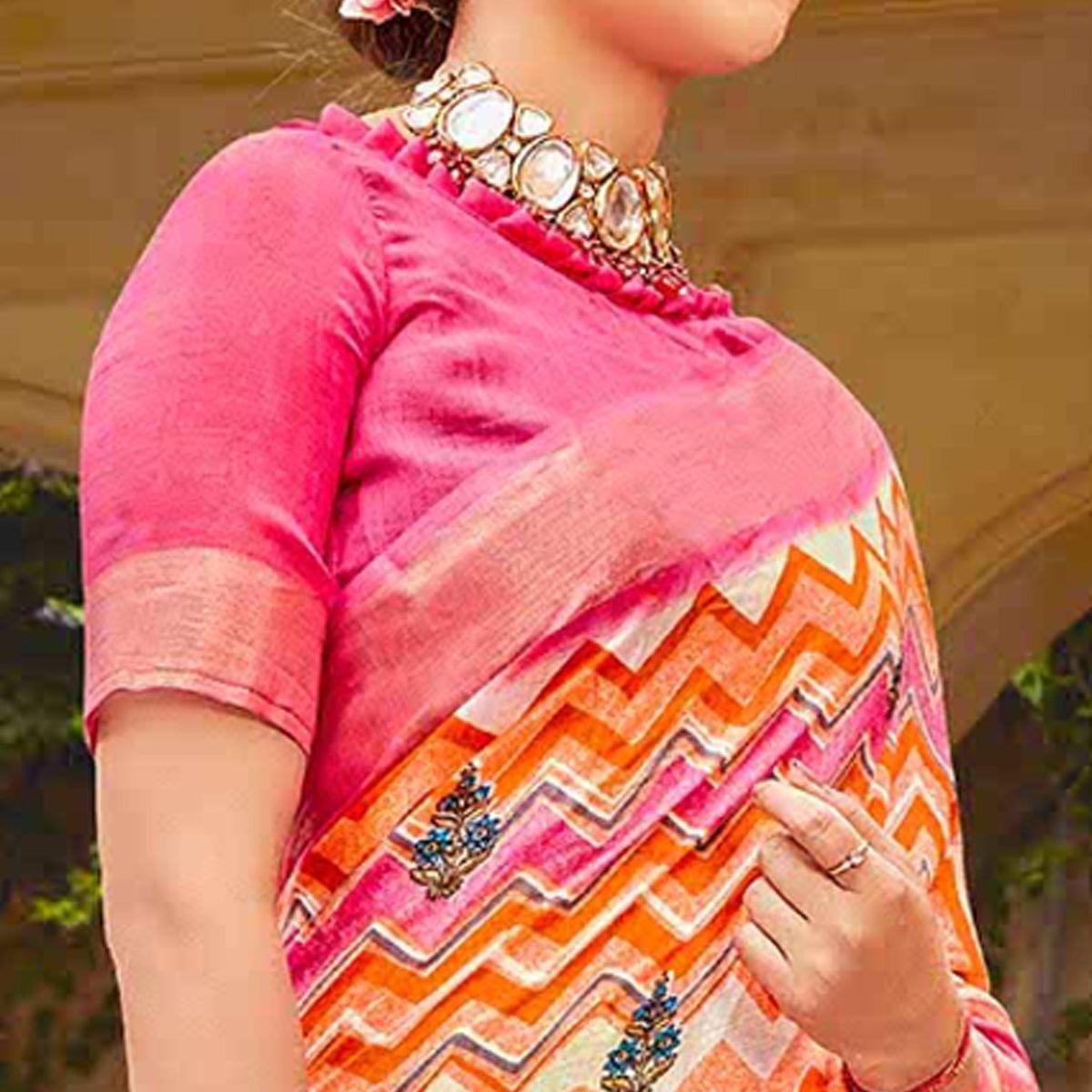Multicolored Floral Printed Linen Saree - Peachmode