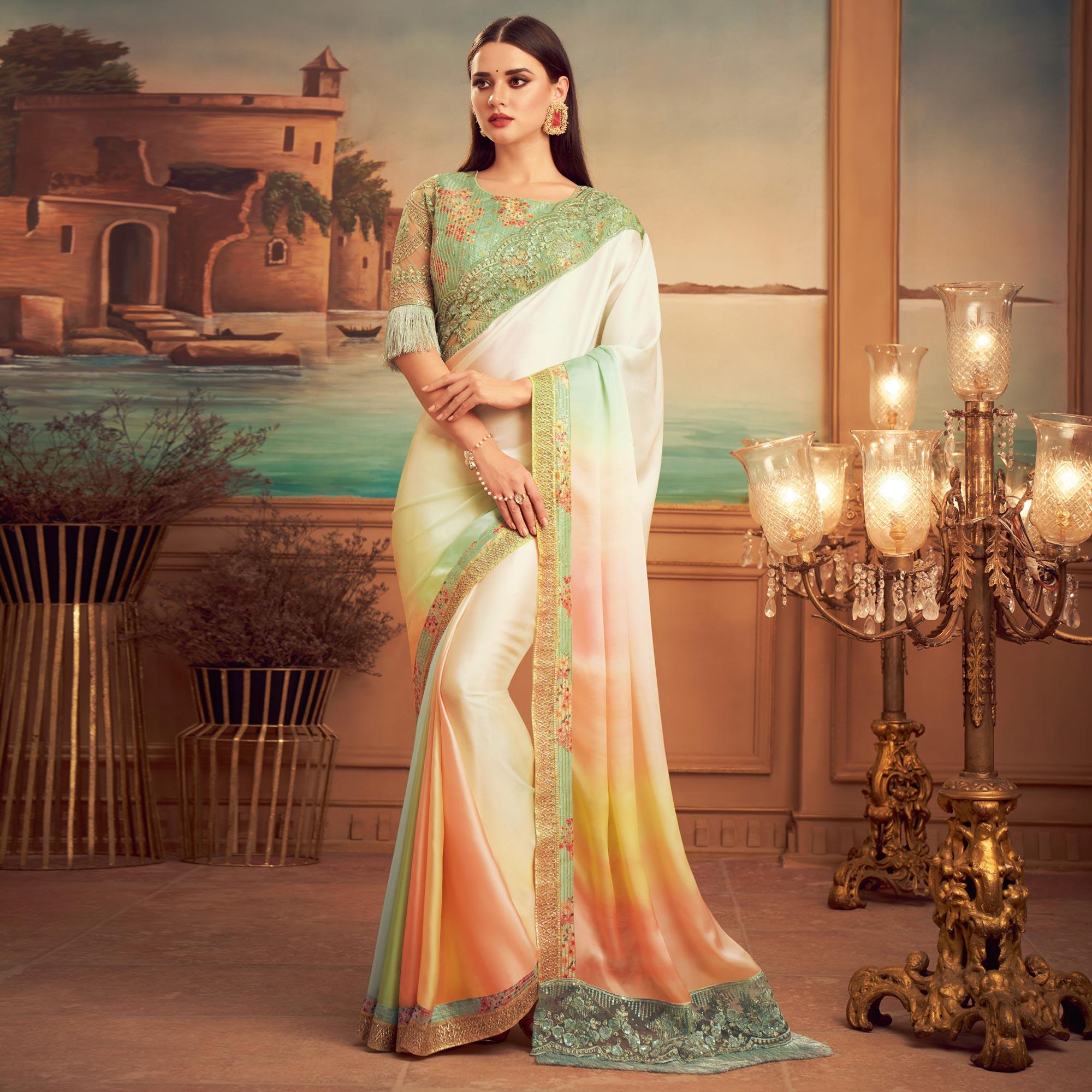 Multicolored  Floral Sequence Embroidered Art Silk Saree - Peachmode