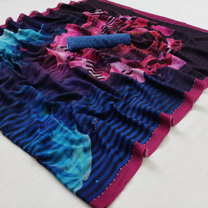 Multicolored Floral With Striped Digital Printed Georgette Saree - Peachmode